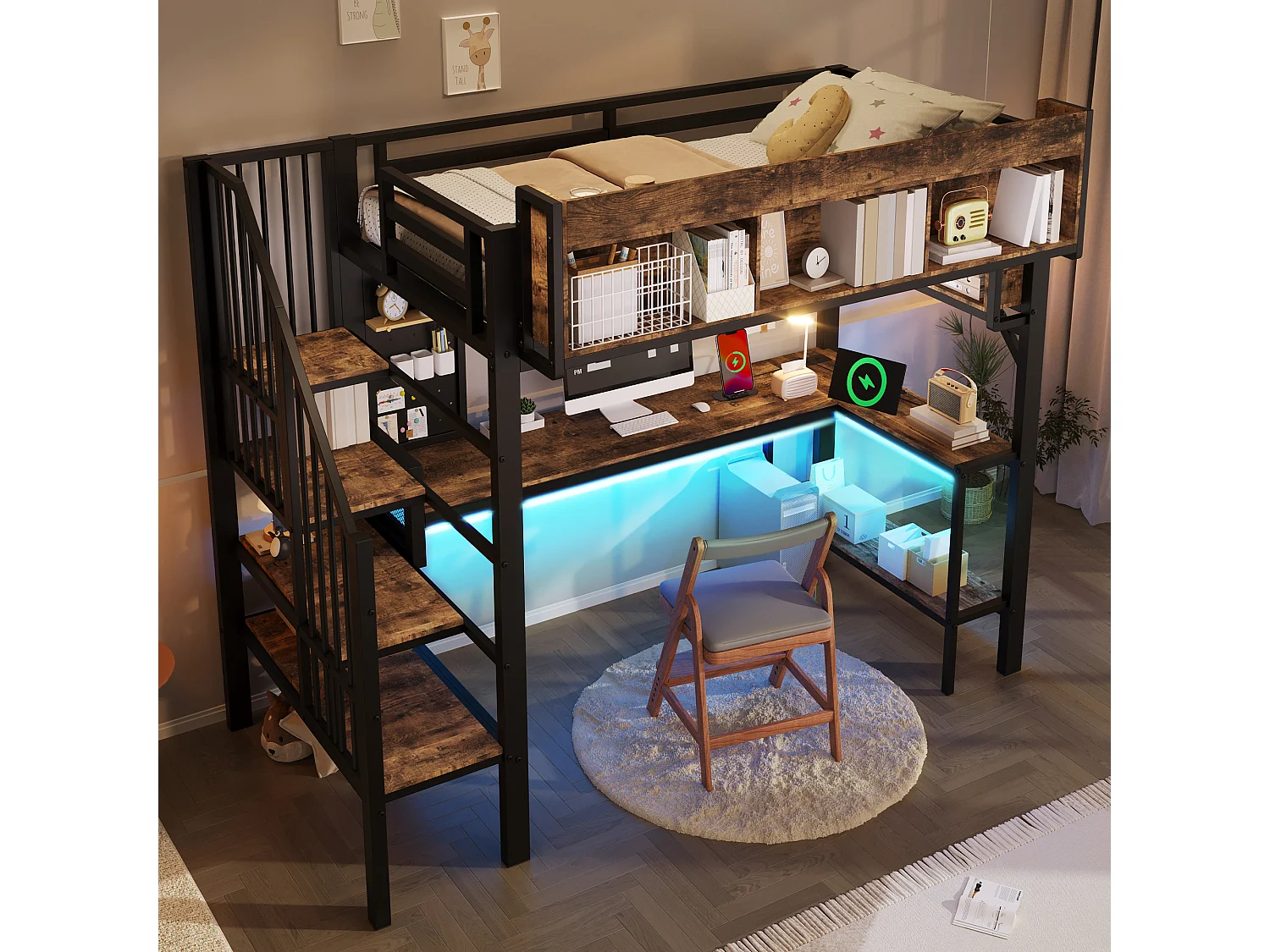 Lit mezzanine 90x200 cm avec bureau d'angle - rangement - panneau perforé - prise USB-C et LED - certifié EN747 enfant - vintage marron et noir