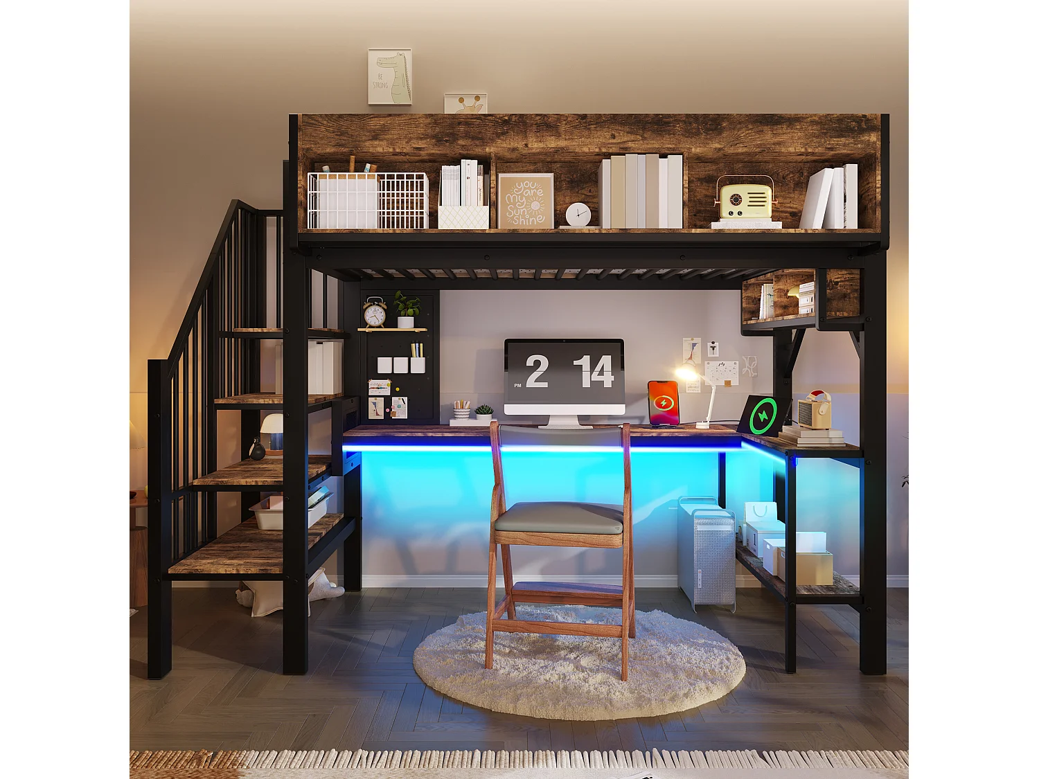 Lit mezzanine 90x200 cm avec bureau d'angle - rangement - panneau perforé - prise USB-C et LED - certifié EN747 enfant - vintage marron et noir