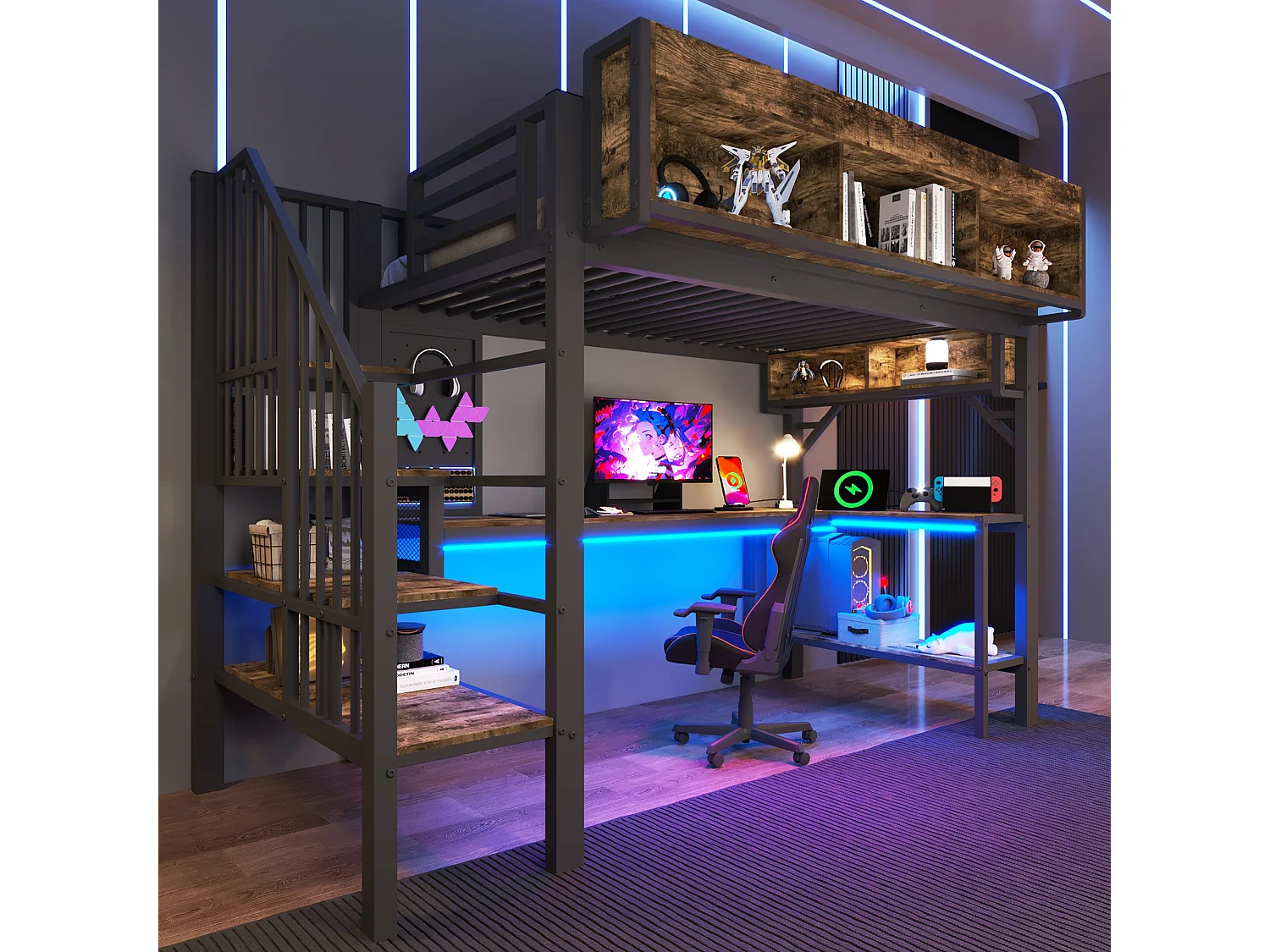 Lit mezzanine 90x200 cm avec bureau d'angle - rangement - panneau perforé - prise USB-C et LED - certifié EN747 enfant - vintage marron et noir