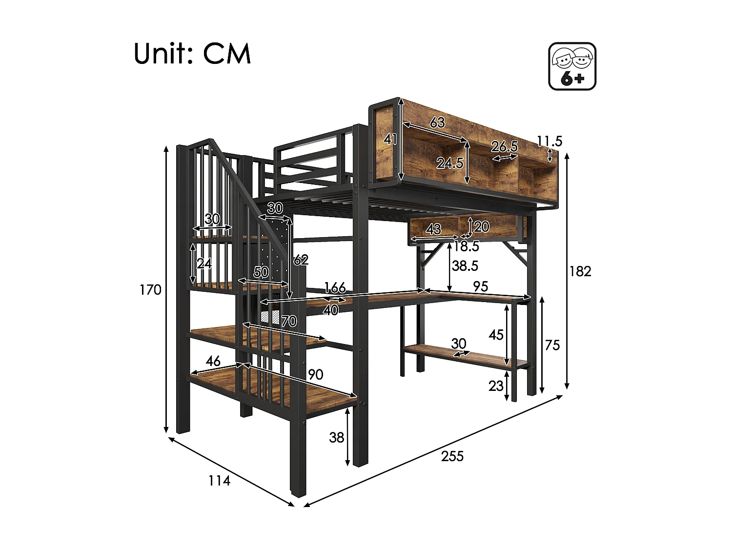 Lit mezzanine 90x200 cm avec bureau d'angle - rangement - panneau perforé - prise USB-C et LED - certifié EN747 enfant - vintage marron et noir