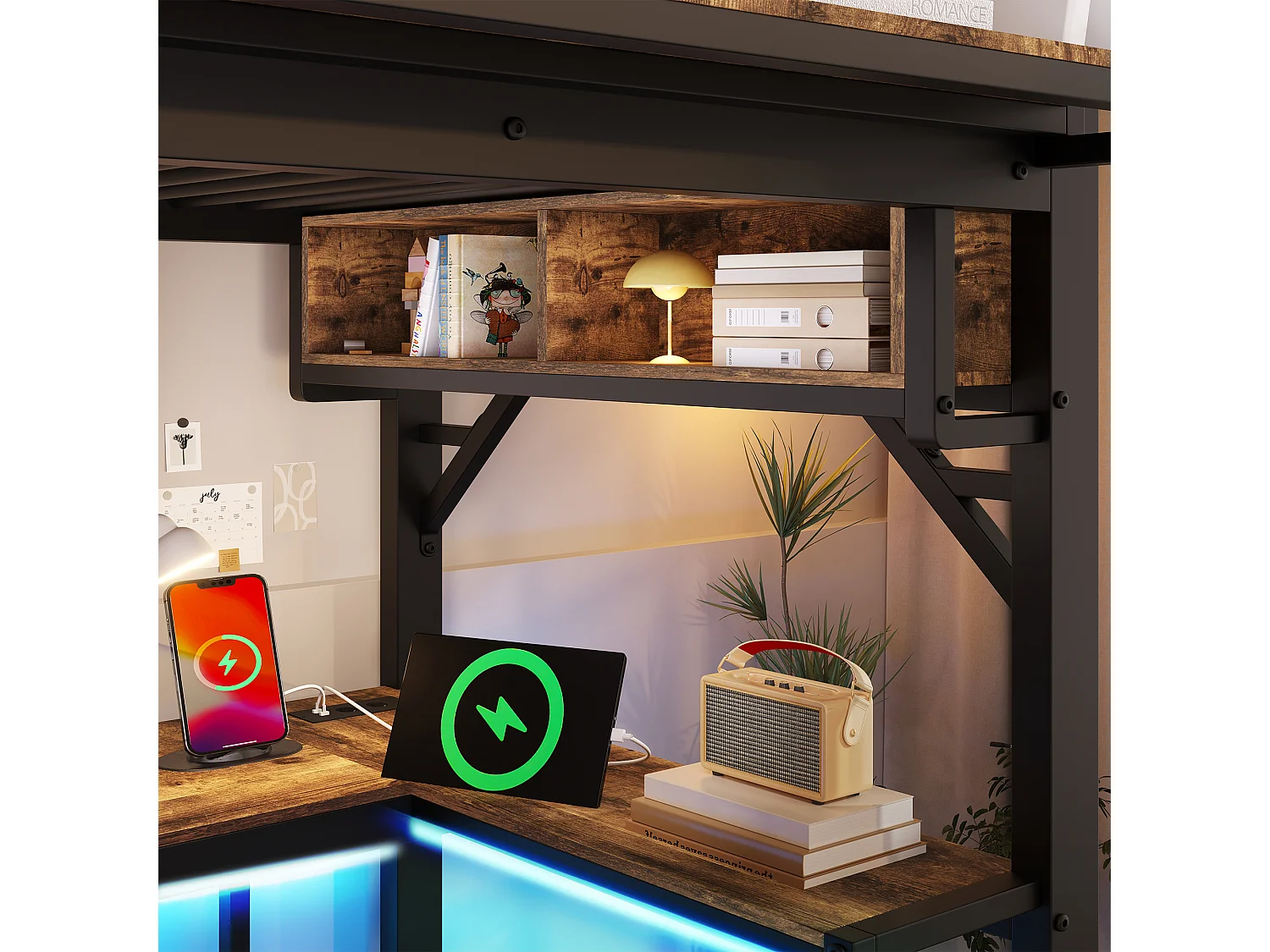 Lit mezzanine 90x200 cm avec bureau d'angle - rangement - panneau perforé - prise USB-C et LED - certifié EN747 enfant - vintage marron et noir