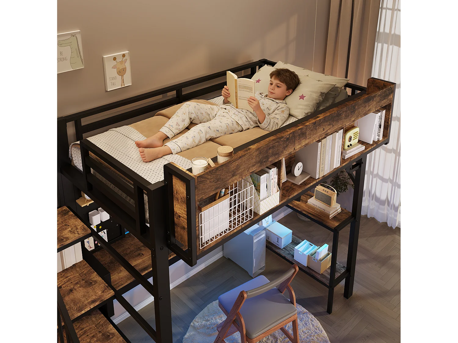 Lit mezzanine 90x200 cm avec bureau d'angle - rangement - panneau perforé - prise USB-C et LED - certifié EN747 enfant - vintage marron et noir