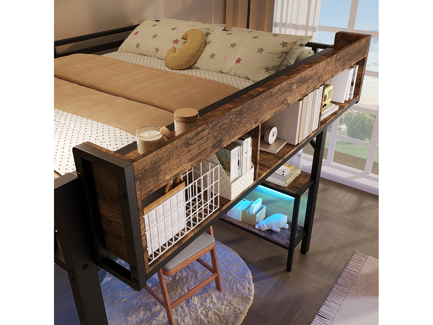 Lit mezzanine 90x200 cm avec bureau d'angle - rangement - panneau perforé - prise USB-C et LED - certifié EN747 enfant - vintage marron et noir