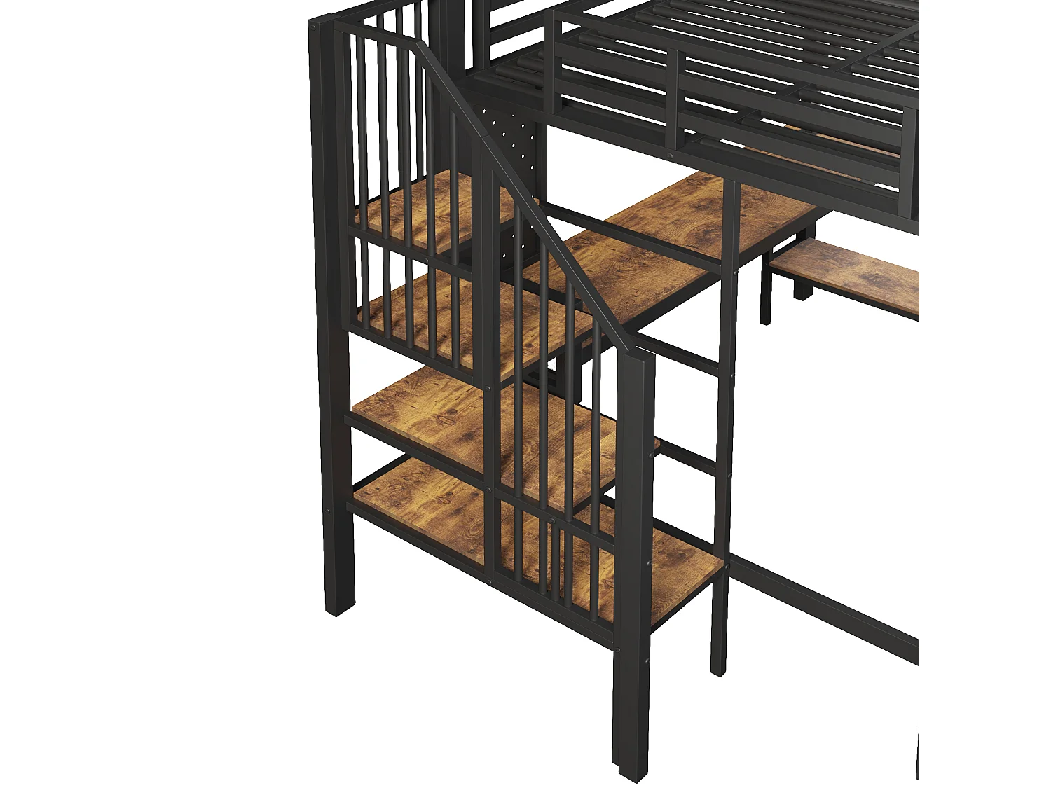 Lit mezzanine 90x200 cm avec bureau d'angle - rangement - panneau perforé - prise USB-C et LED - certifié EN747 enfant - vintage marron et noir