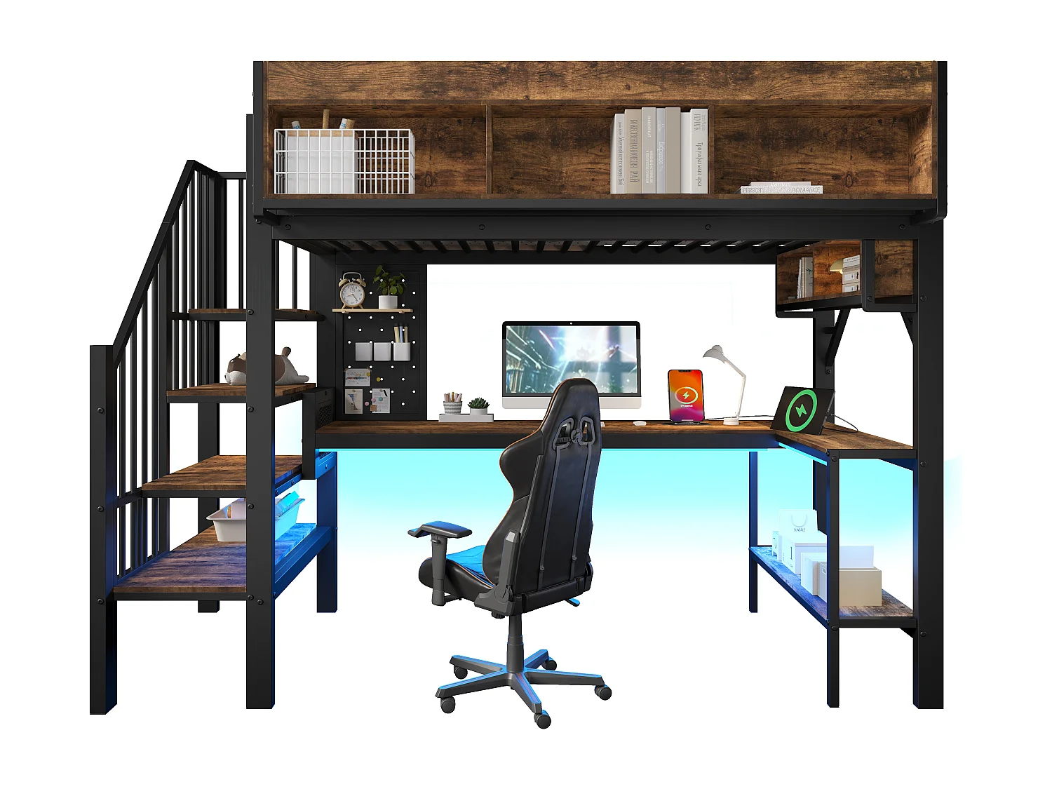 Lit mezzanine 90x200 cm avec bureau d'angle - rangement - panneau perforé - prise USB-C et LED - certifié EN747 enfant - vintage marron et noir