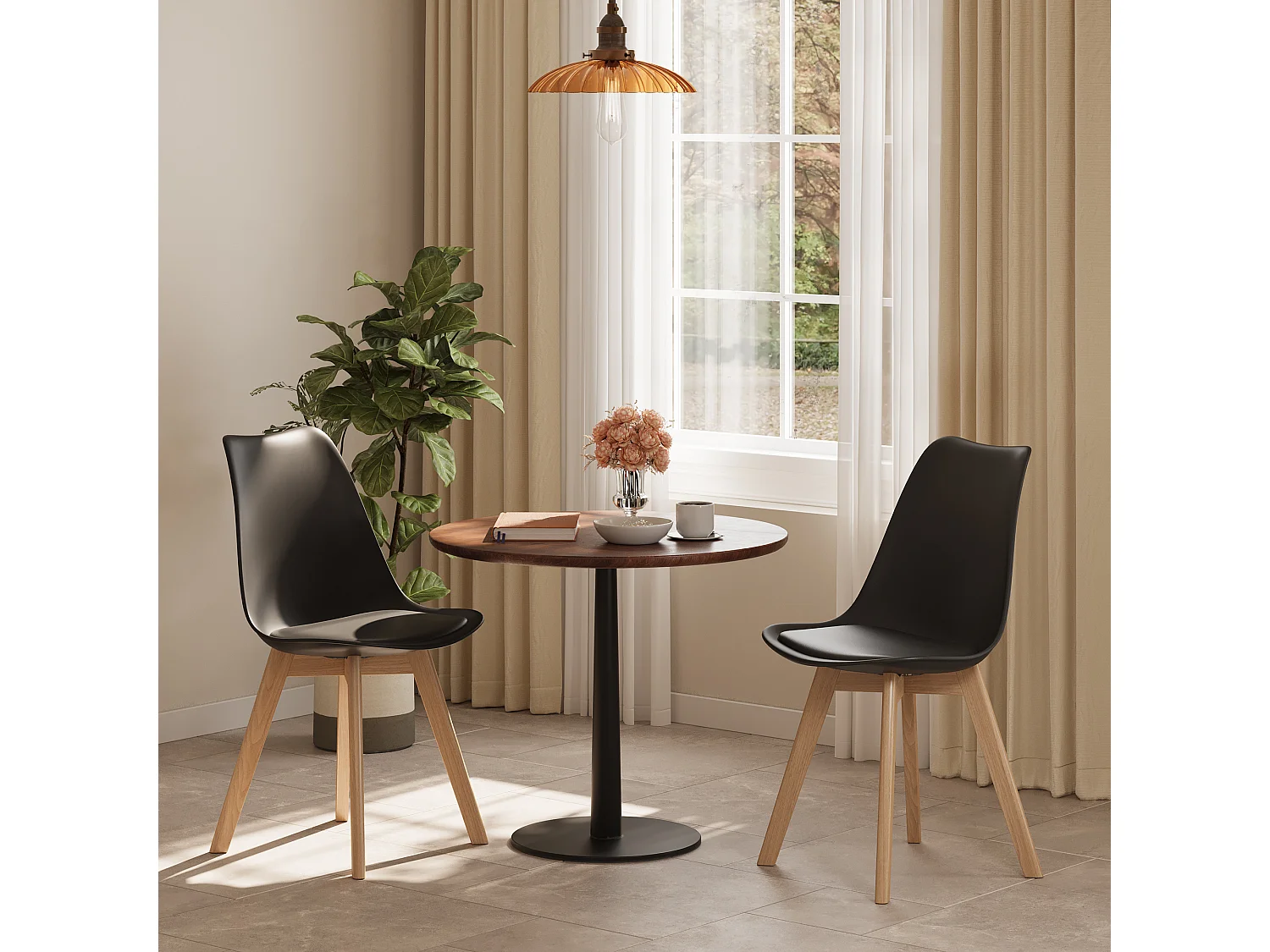 Chaise de cuisine 2 places noire,design scandinave moderne,dossier ergonomique,pieds en bois massif,assise rembourrée imperméable