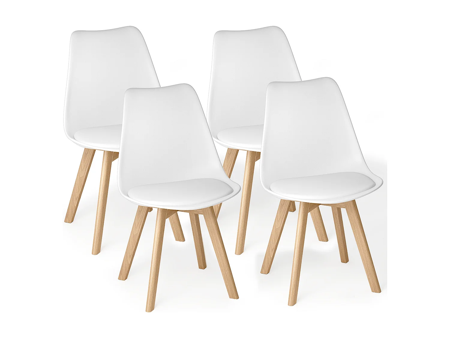 Chaise de cuisine 4 places blanc,design scandinave moderne,dossier ergonomique,pieds en bois massif,assise rembourrée imperméable