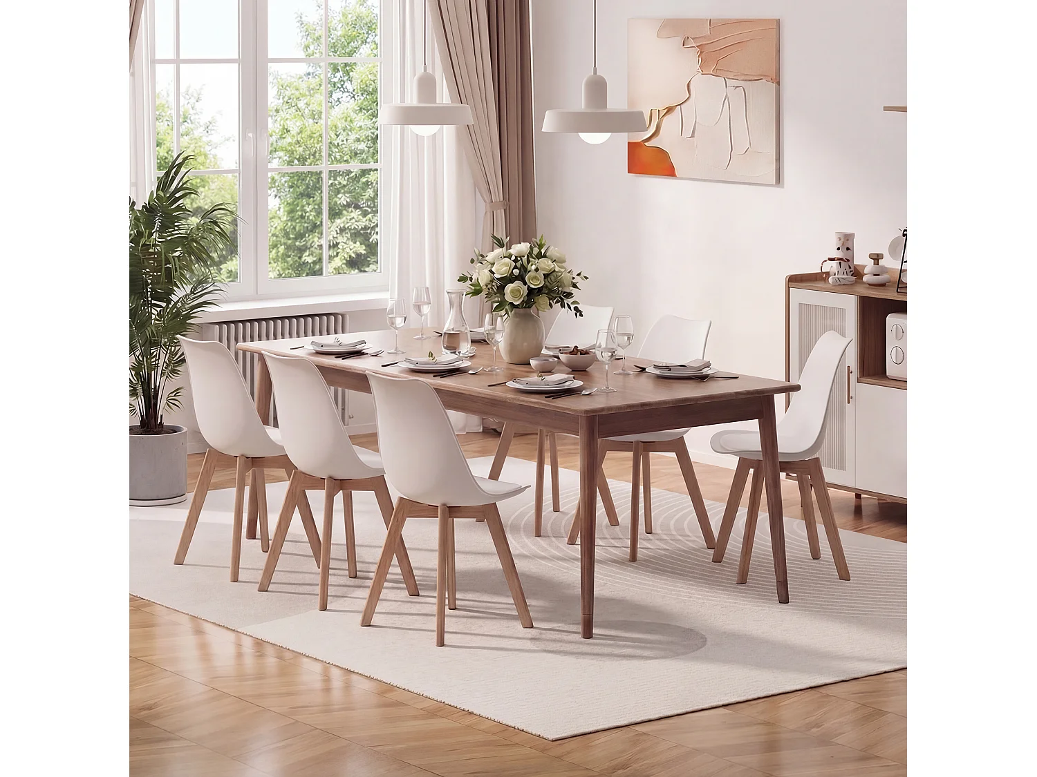 Chaise de cuisine 6 places blanc,design scandinave moderne,dossier ergonomique,pieds en bois massif,assise rembourrée imperméable
