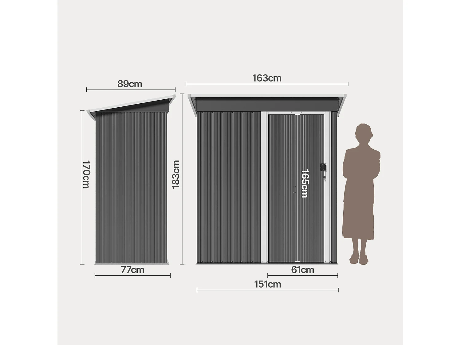Abri de jardin métallique étanche,porte verrouillable,rangement extérieur pour outils abri extérieur anti-UV,163×89×183cm