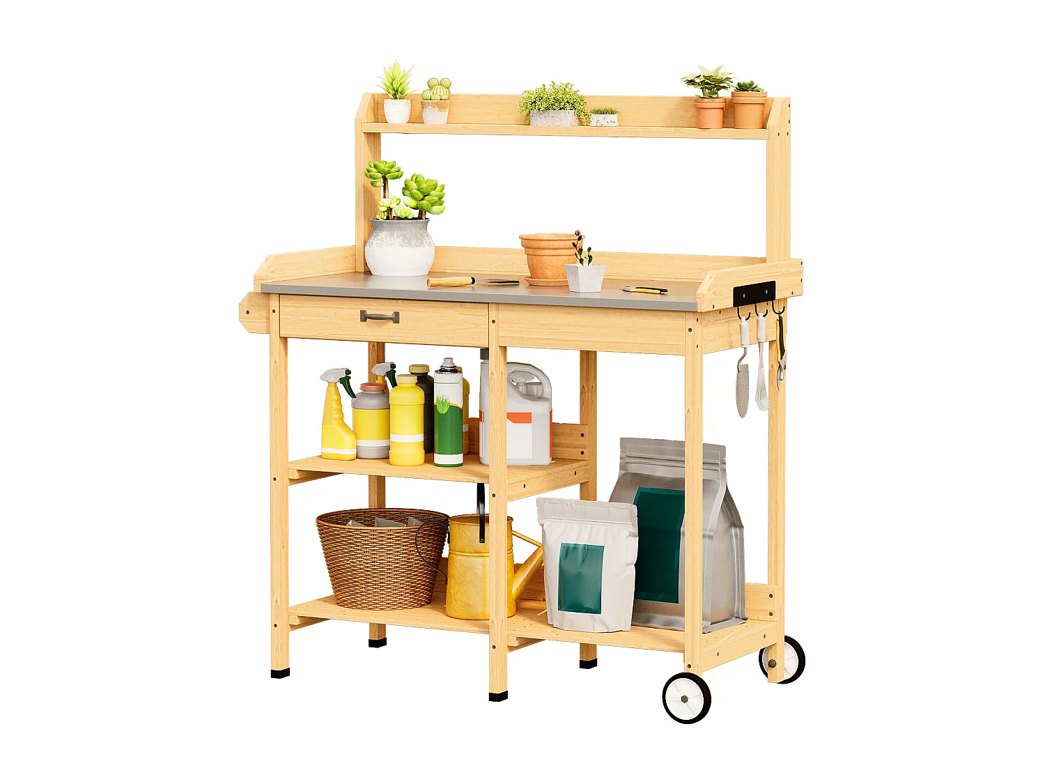 Table de rempotage en bois naturel avec tiroir et étagères de rangement,dimensions 108x43x120cm,poste de travail de jardin