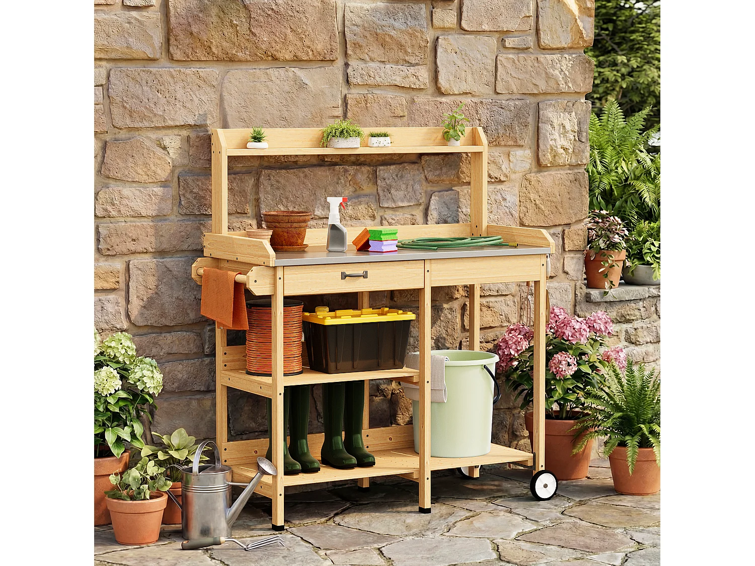 Table de rempotage en bois naturel avec tiroir et étagères de rangement,dimensions 108x43x120cm,poste de travail de jardin