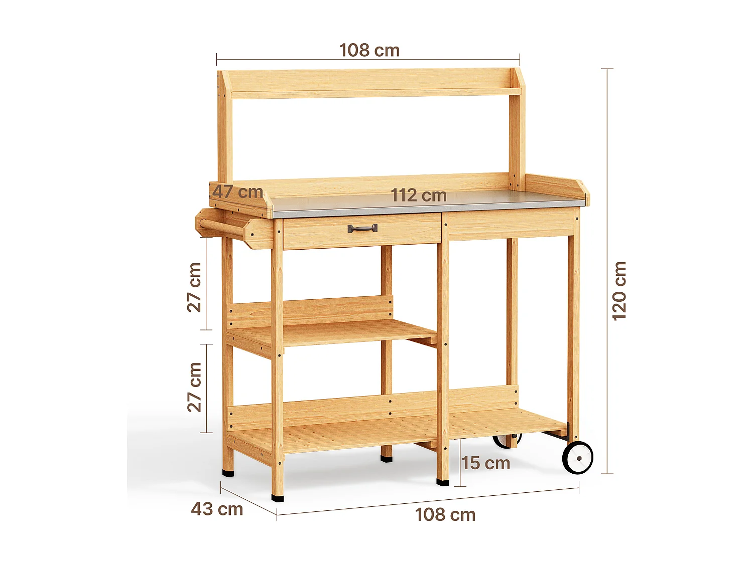 Table de rempotage en bois naturel avec tiroir et étagères de rangement,dimensions 108x43x120cm,poste de travail de jardin