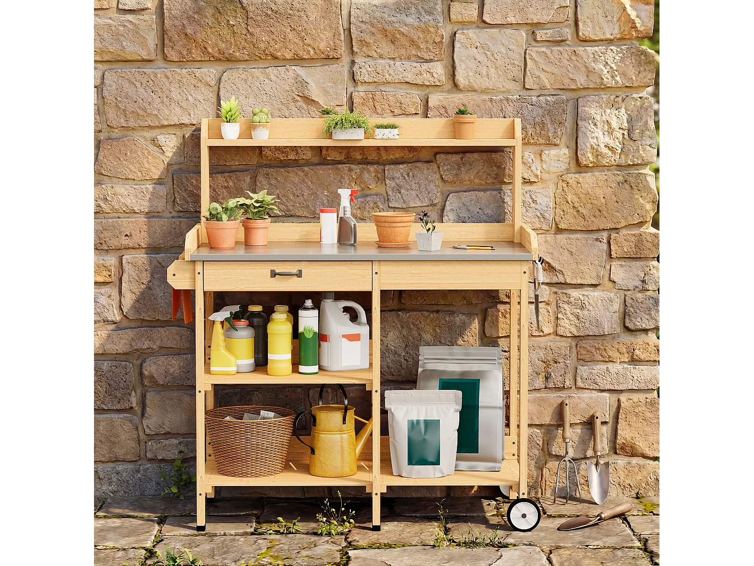 Table de rempotage en bois naturel avec tiroir et étagères de rangement,dimensions 108x43x120cm,poste de travail de jardin