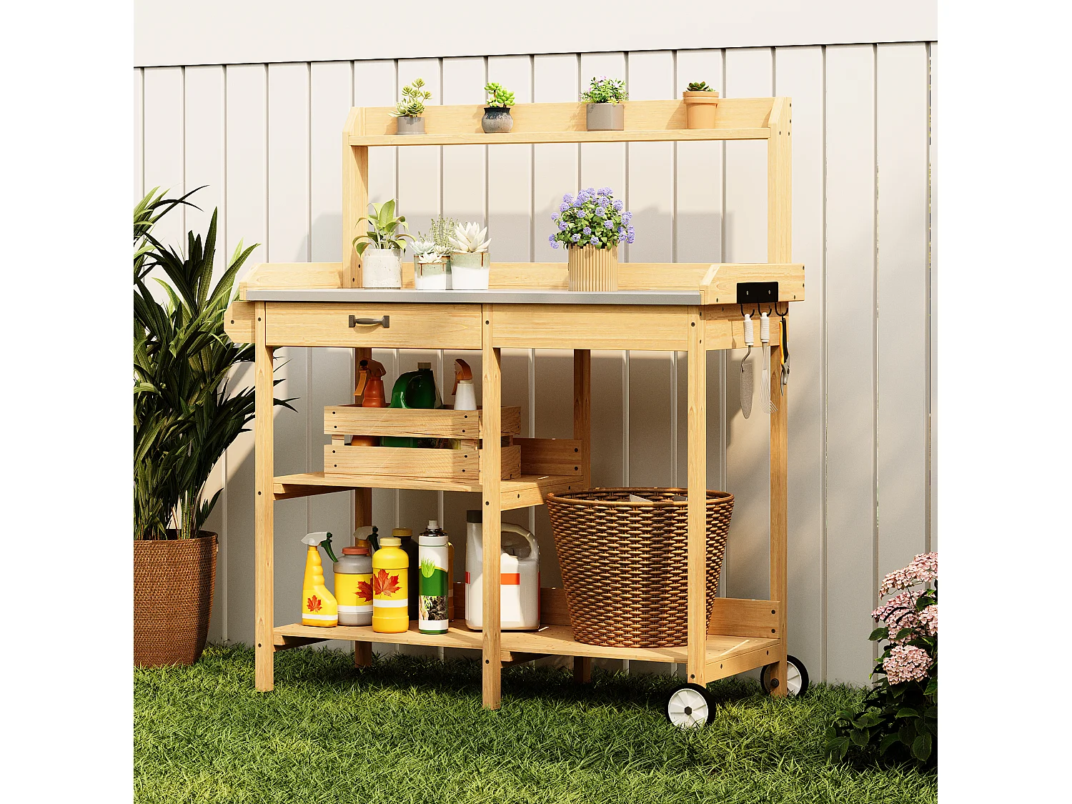 Table de rempotage en bois naturel avec tiroir et étagères de rangement,dimensions 108x43x120cm,poste de travail de jardin
