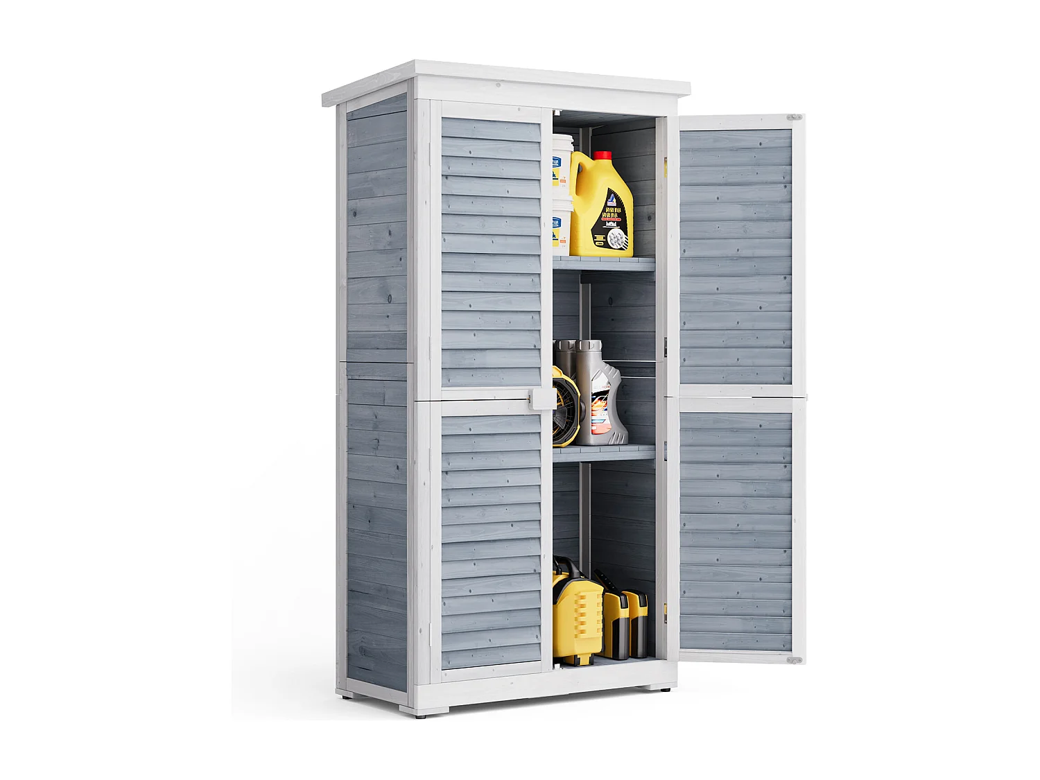 Armoire de rangement extérieure en bois gris,toit asphalte étanche,3 étagères réglables,serrure bois,160,5x87x46,5cm