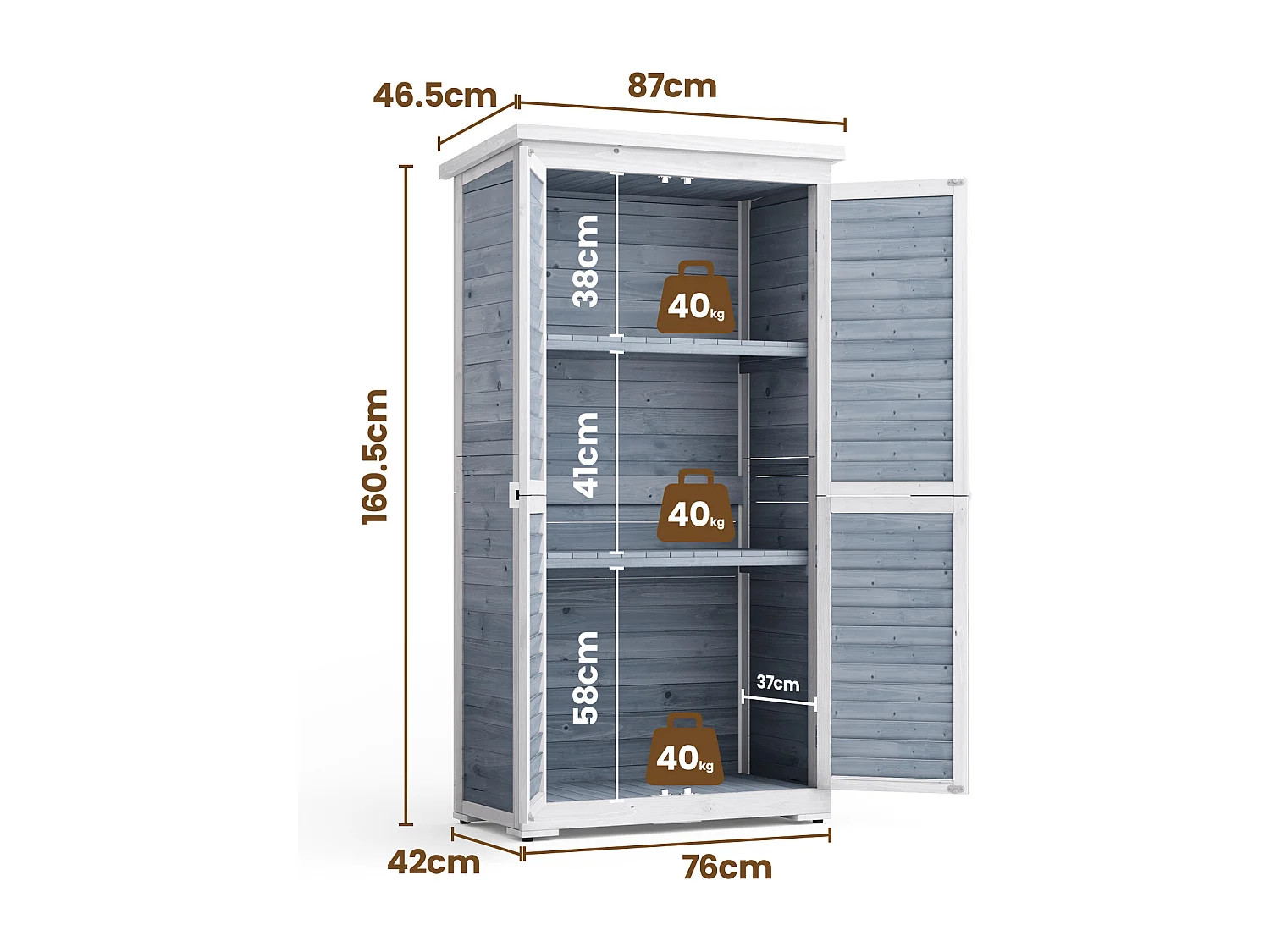 Armoire de rangement extérieure en bois gris,toit asphalte étanche,3 étagères réglables,serrure bois,160,5x87x46,5cm