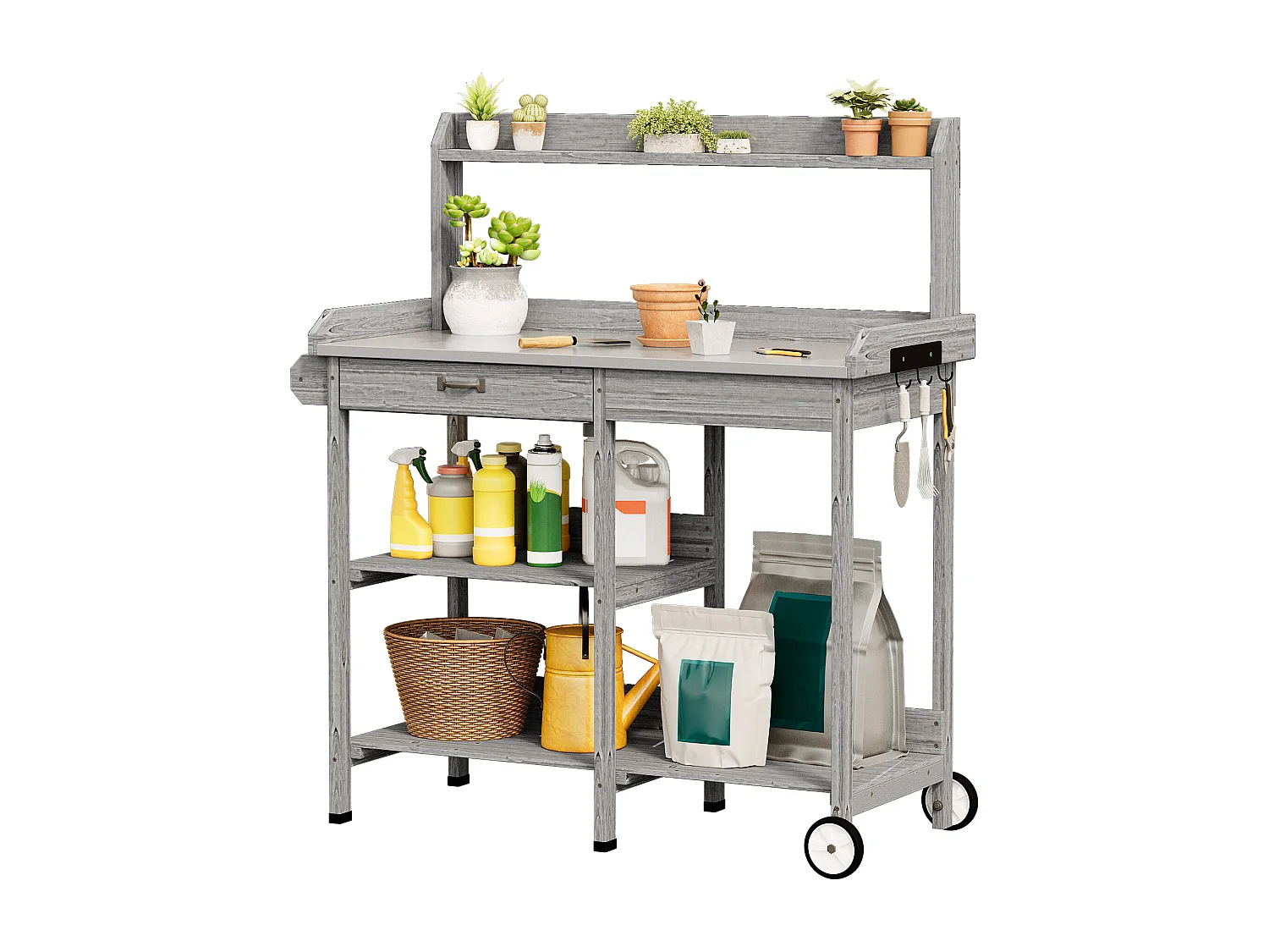Table de rempotage en bois gris avec tiroir et étagères de rangement,dimensions 108x43x120cm,poste de travail de jardin