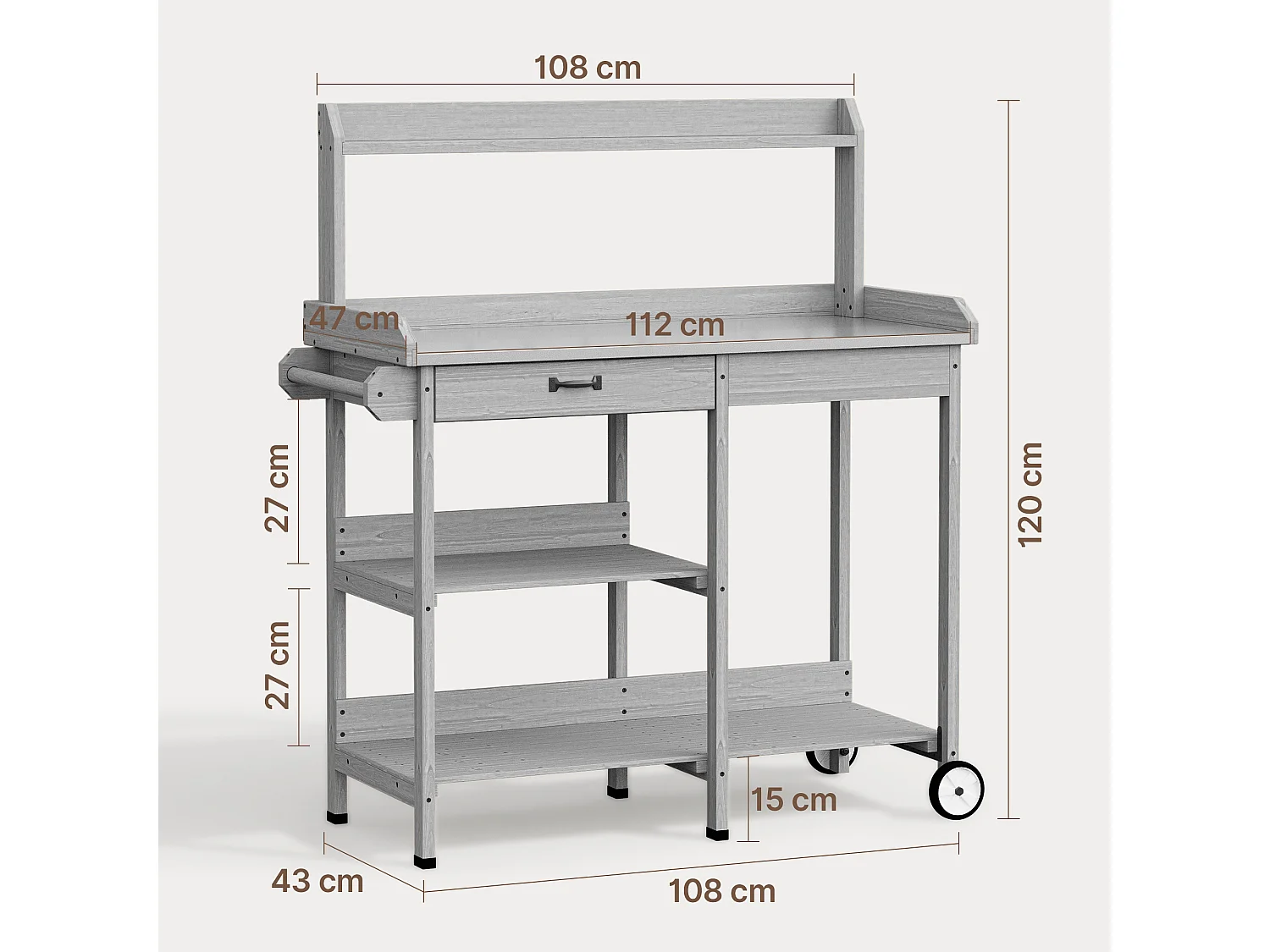 Table de rempotage en bois gris avec tiroir et étagères de rangement,dimensions 108x43x120cm,poste de travail de jardin