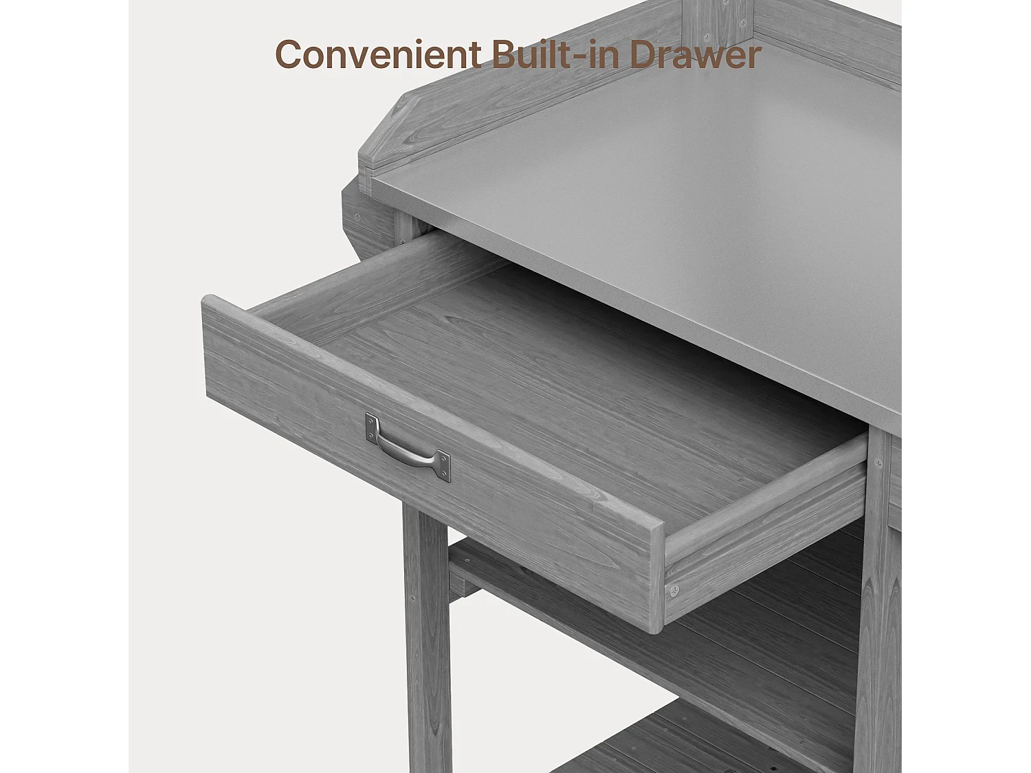 Table de rempotage en bois gris avec tiroir et étagères de rangement,dimensions 108x43x120cm,poste de travail de jardin