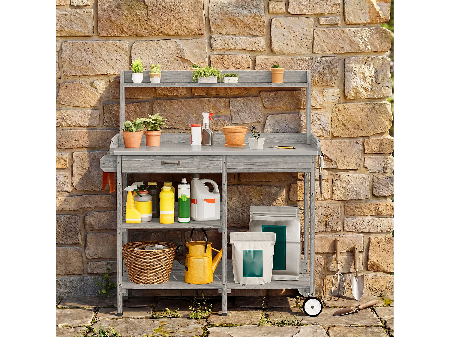Table de rempotage en bois gris avec tiroir et étagères de rangement,dimensions 108x43x120cm,poste de travail de jardin