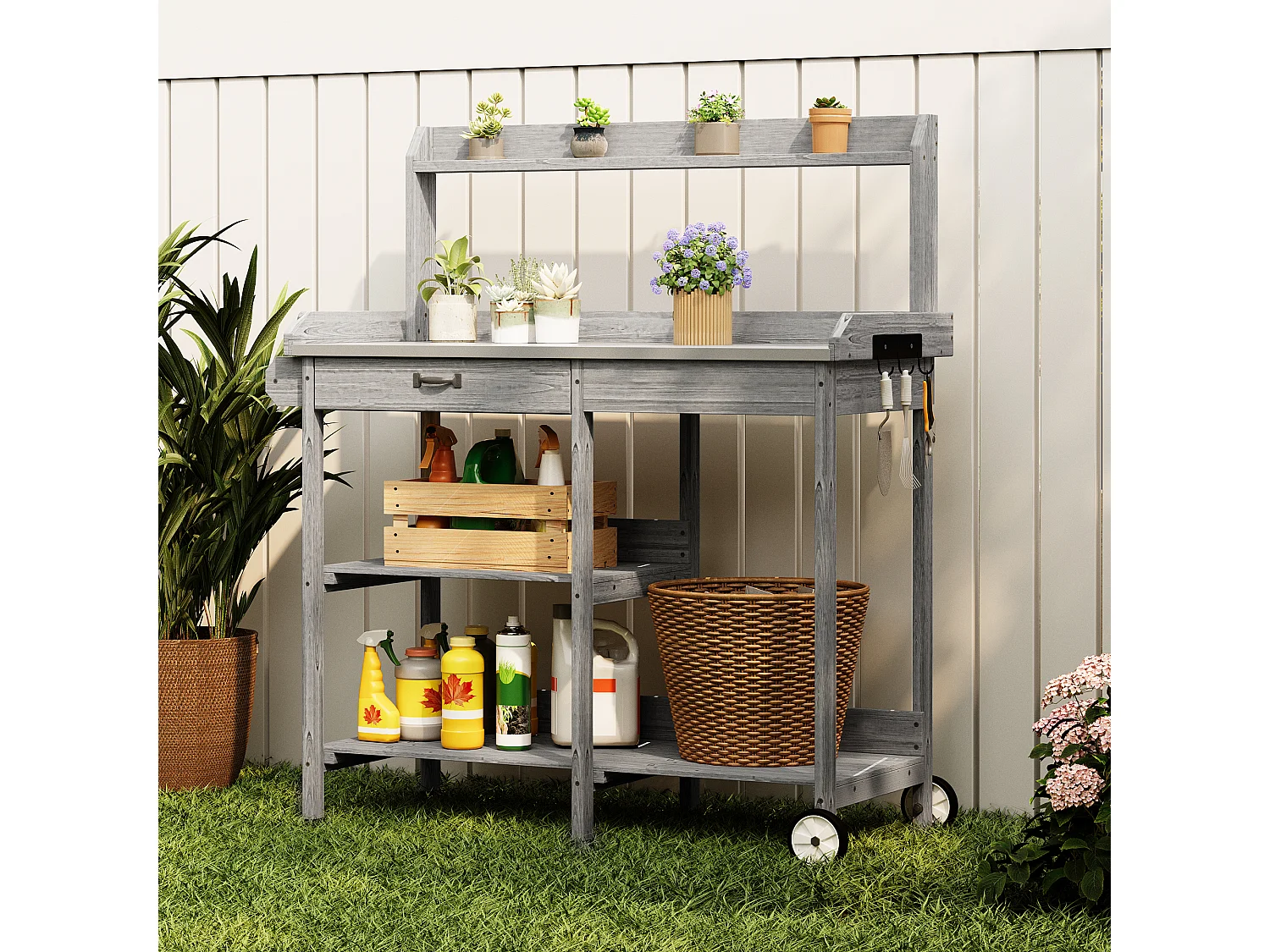 Table de rempotage en bois gris avec tiroir et étagères de rangement,dimensions 108x43x120cm,poste de travail de jardin