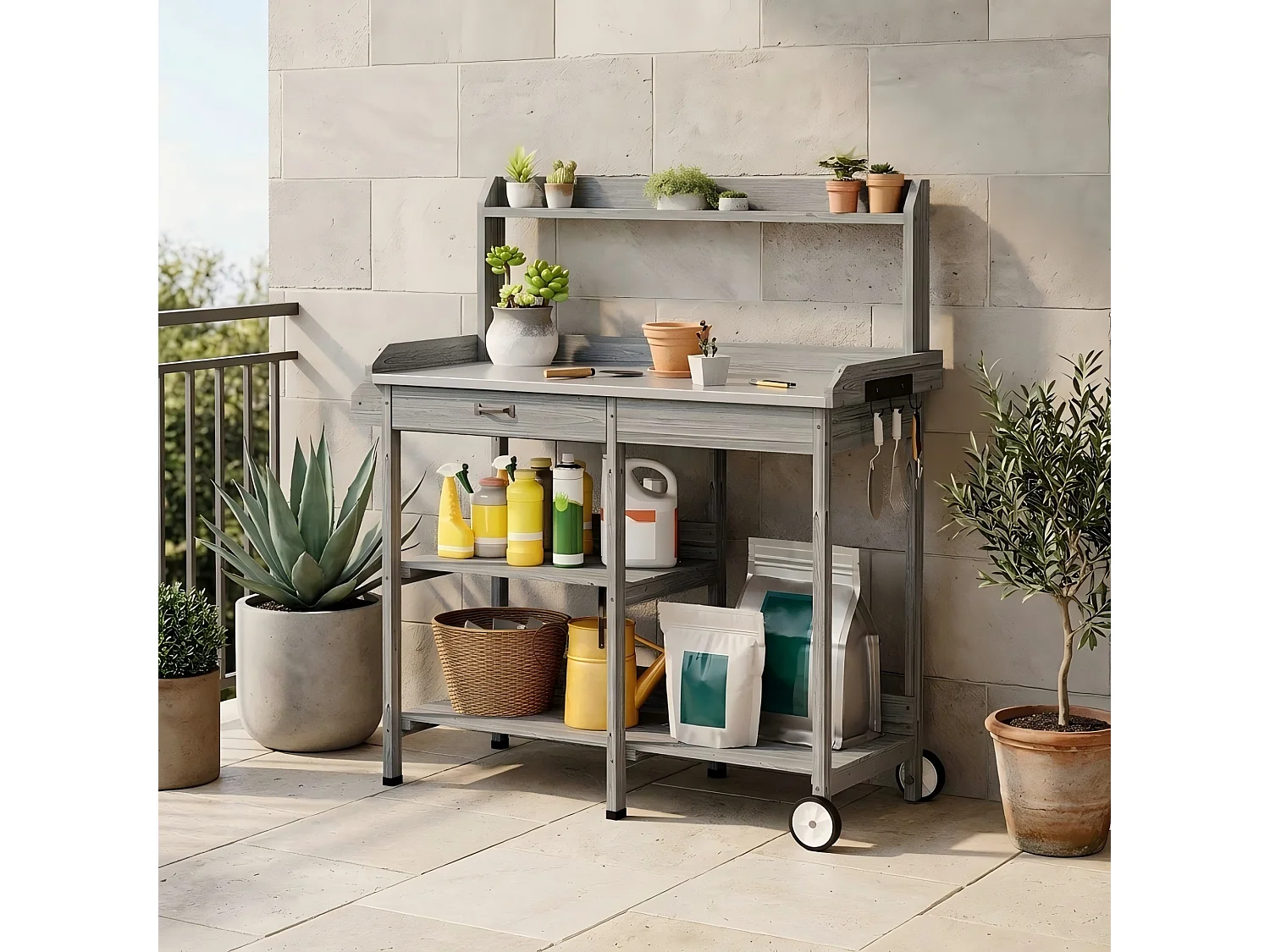 Table de rempotage en bois gris avec tiroir et étagères de rangement,dimensions 108x43x120cm,poste de travail de jardin