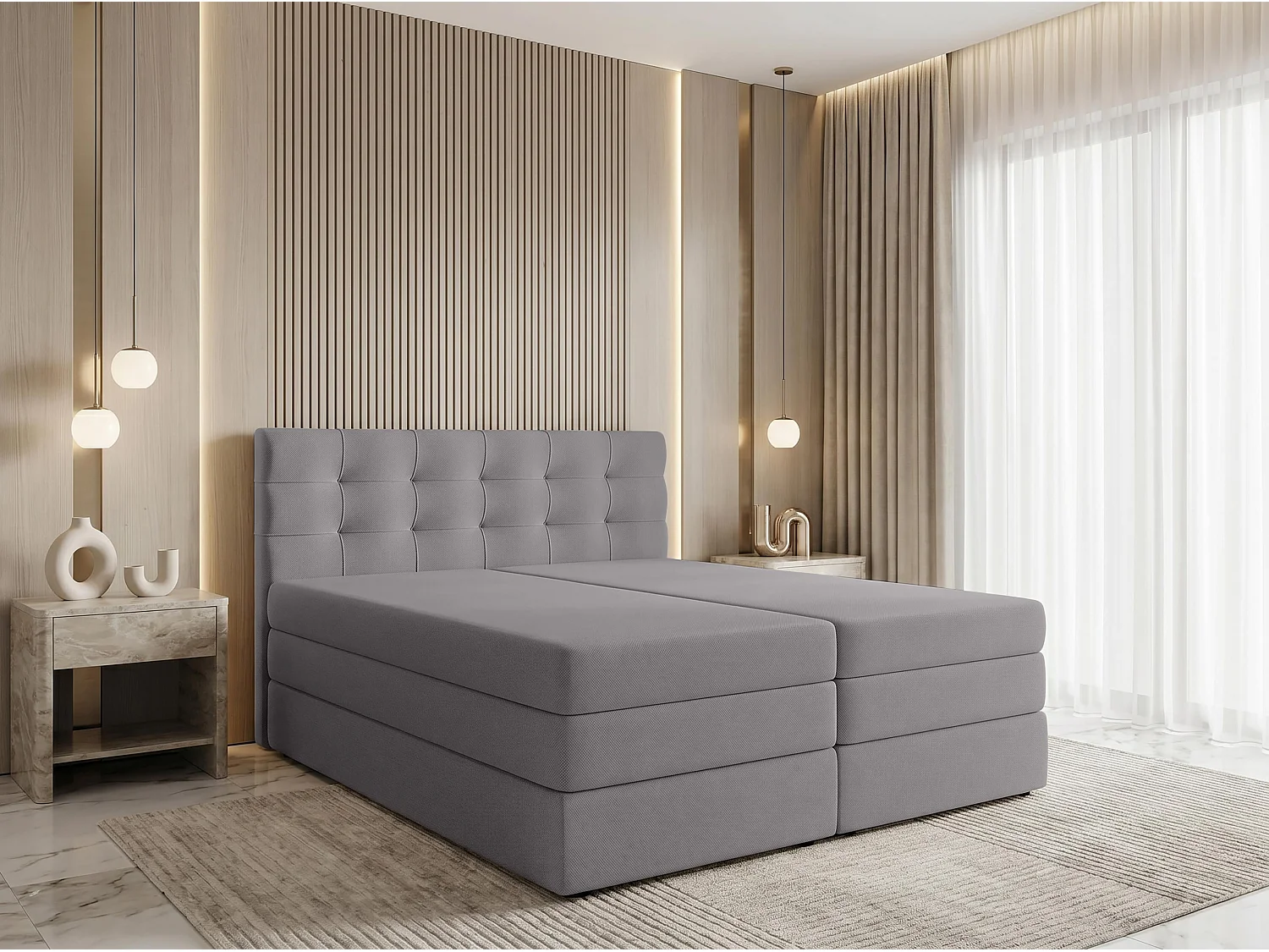 AX LIVING Finike Lit rembourré 180x200 cm avec surmatelas, lit boxspring, gris clair