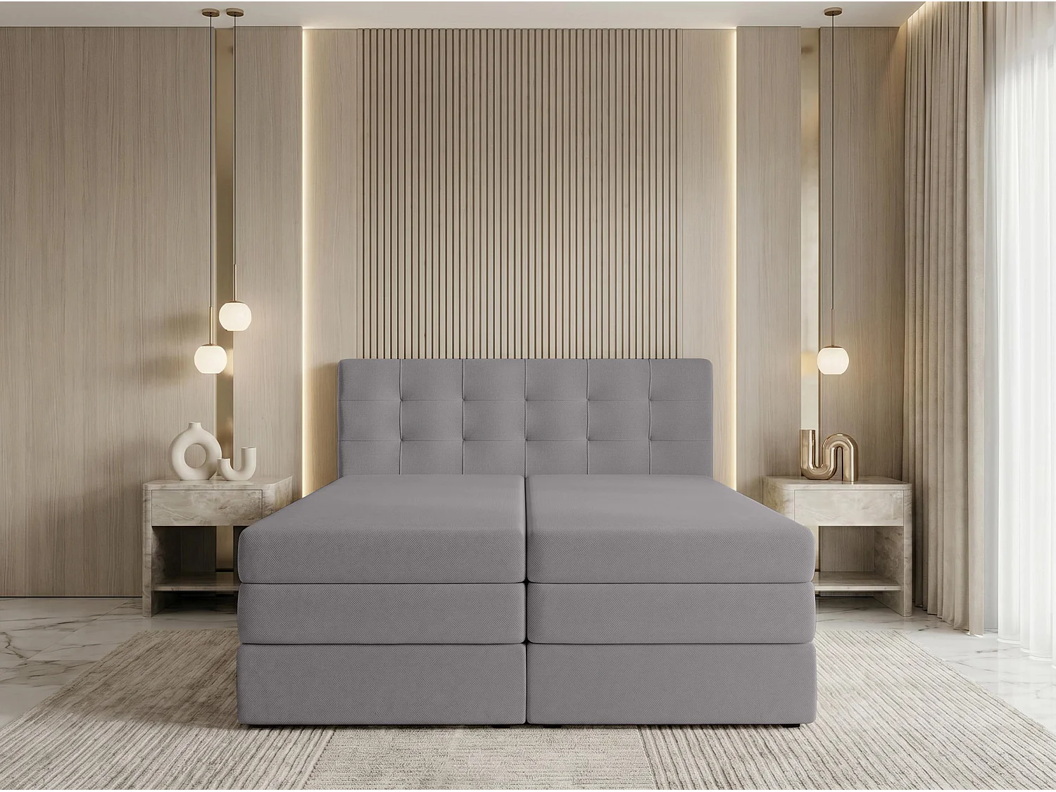 AX LIVING Finike Lit rembourré 180x200 cm avec surmatelas, lit boxspring, gris clair
