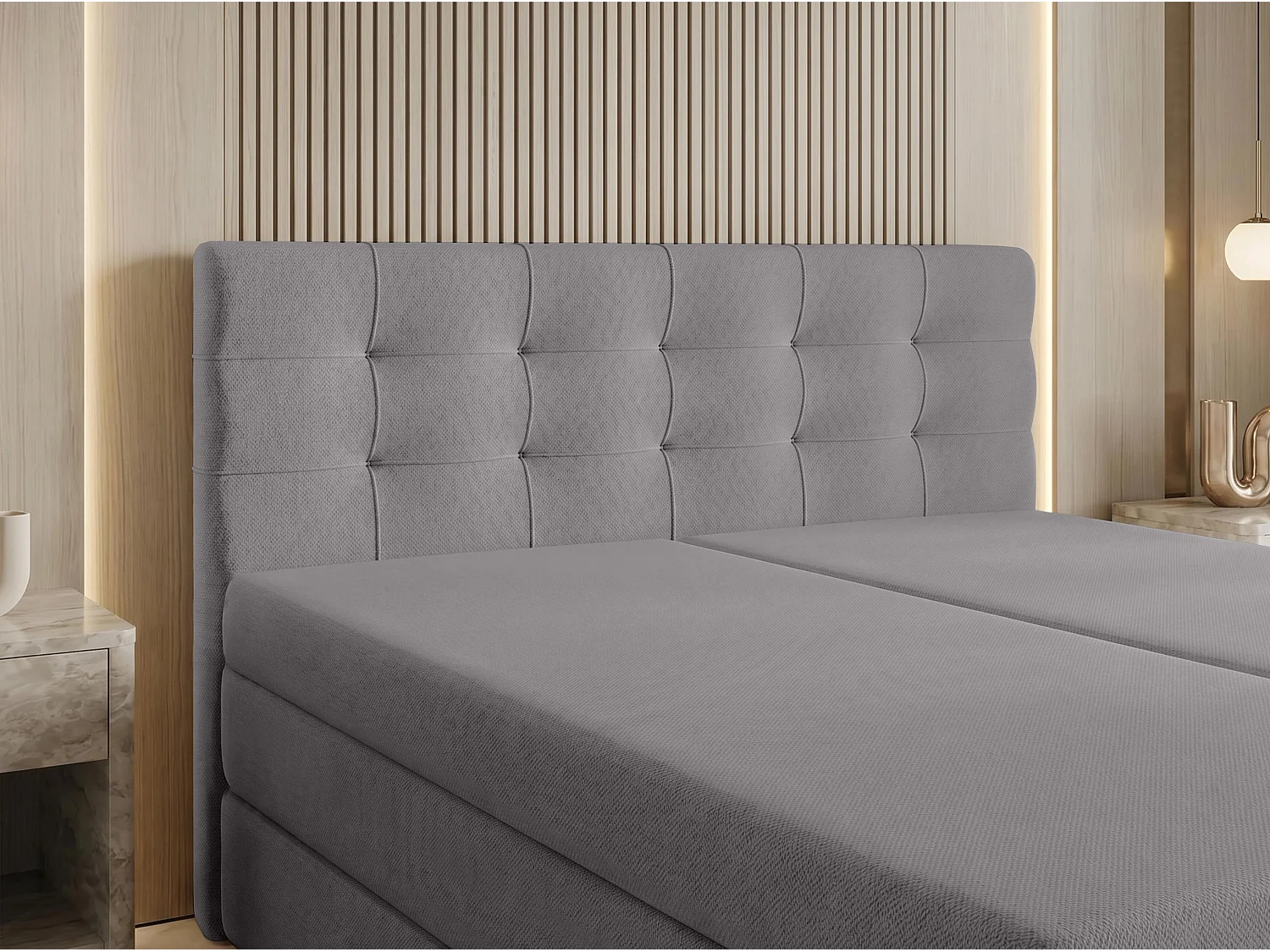 AX LIVING Finike Lit rembourré 180x200 cm avec surmatelas, lit boxspring, gris clair