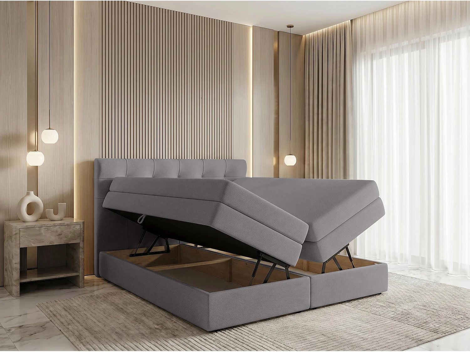 AX LIVING Finike Lit rembourré 140x200 cm avec surmatelas, lit boxspring, gris clair