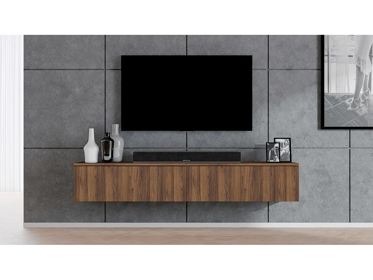 AX LIVING TV Board Loriano 200 cm – Hängendes Lowboard Nussbaum Warmia