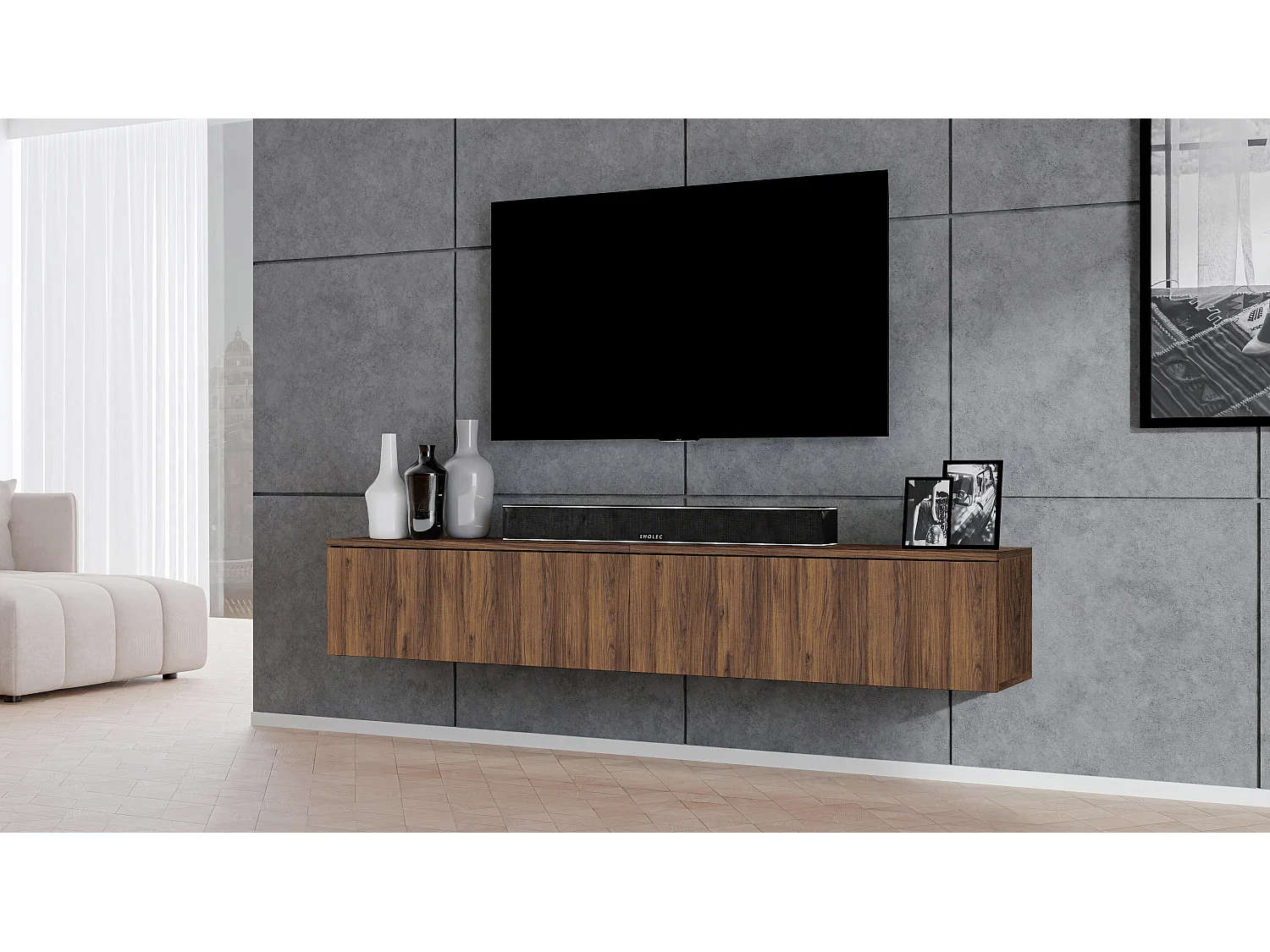 AX LIVING TV Board Loriano 200 cm – Hängendes Lowboard Nussbaum Warmia