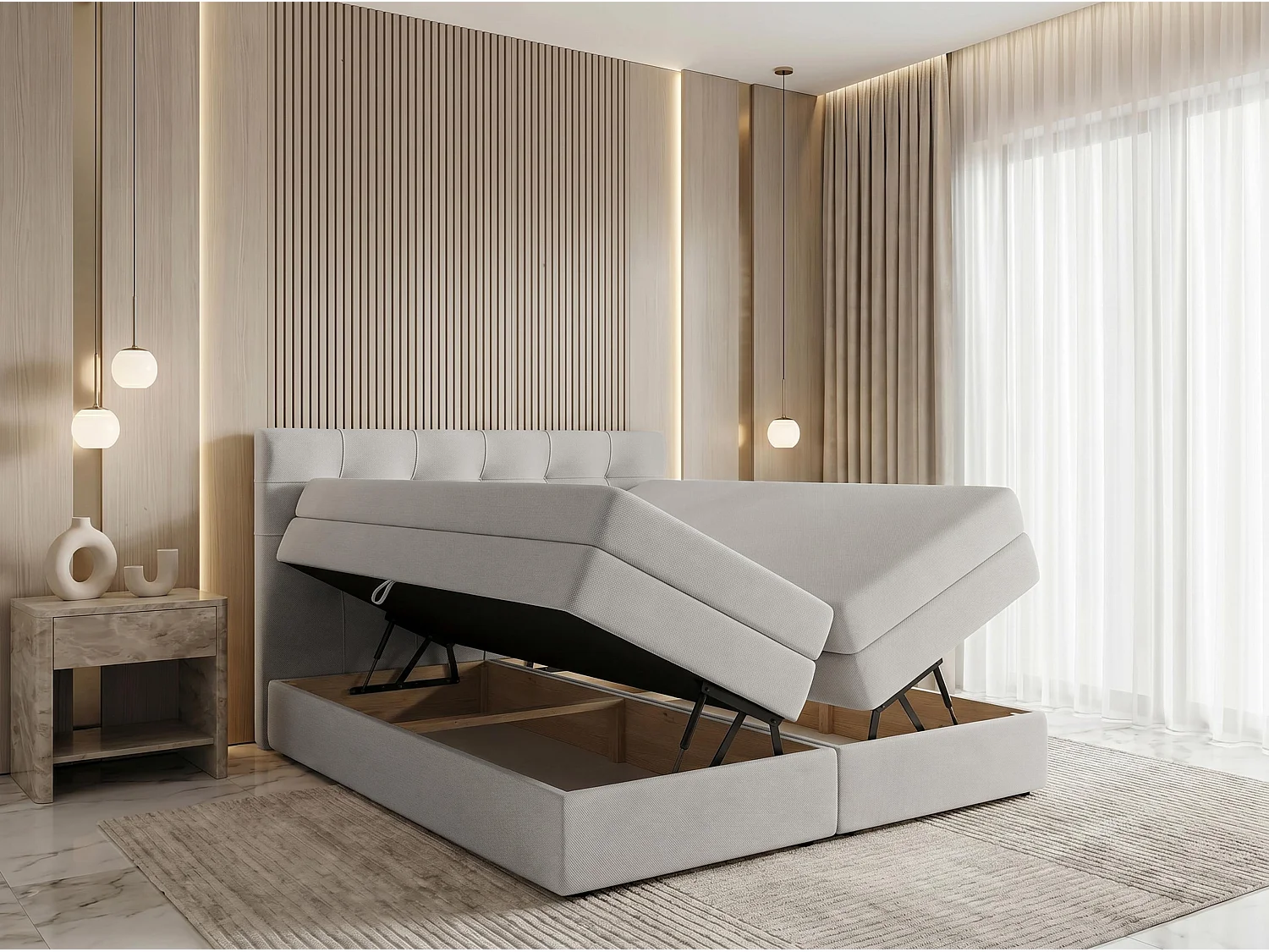AX LIVING Finike Lit boxspring 180x200 cm avec surmatelas, 2 matelas, tissu beige