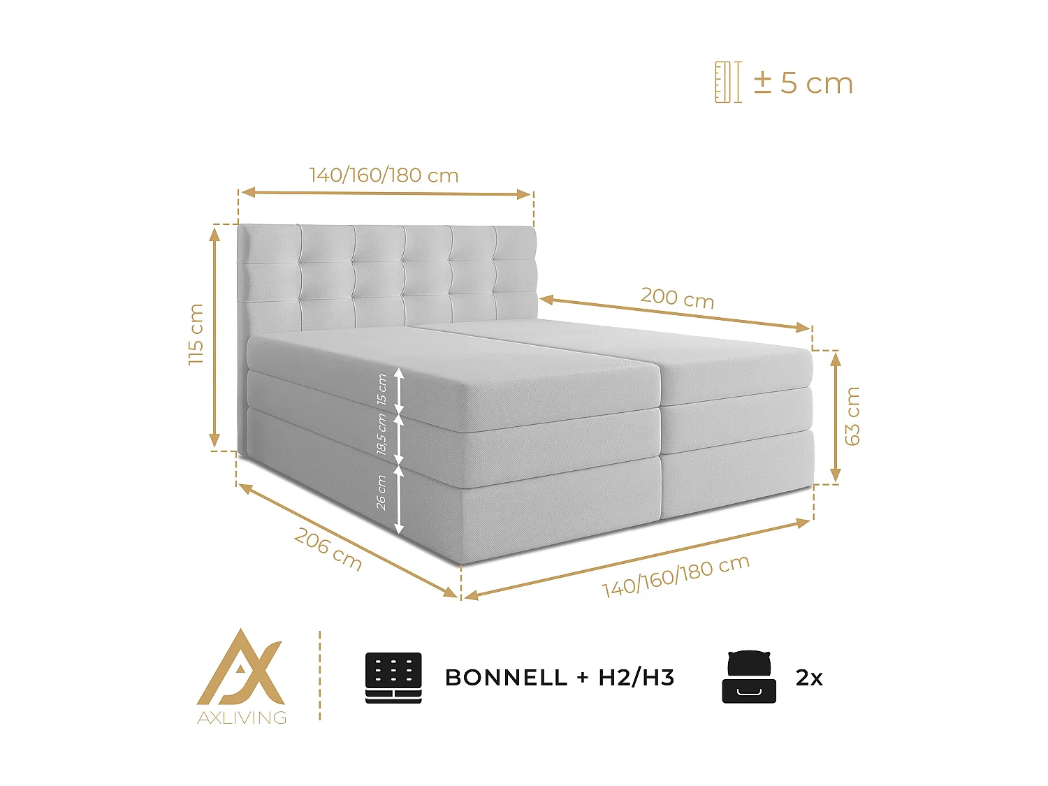 AX LIVING Finike Lit 180x200 cm, boxspring, tissu noir