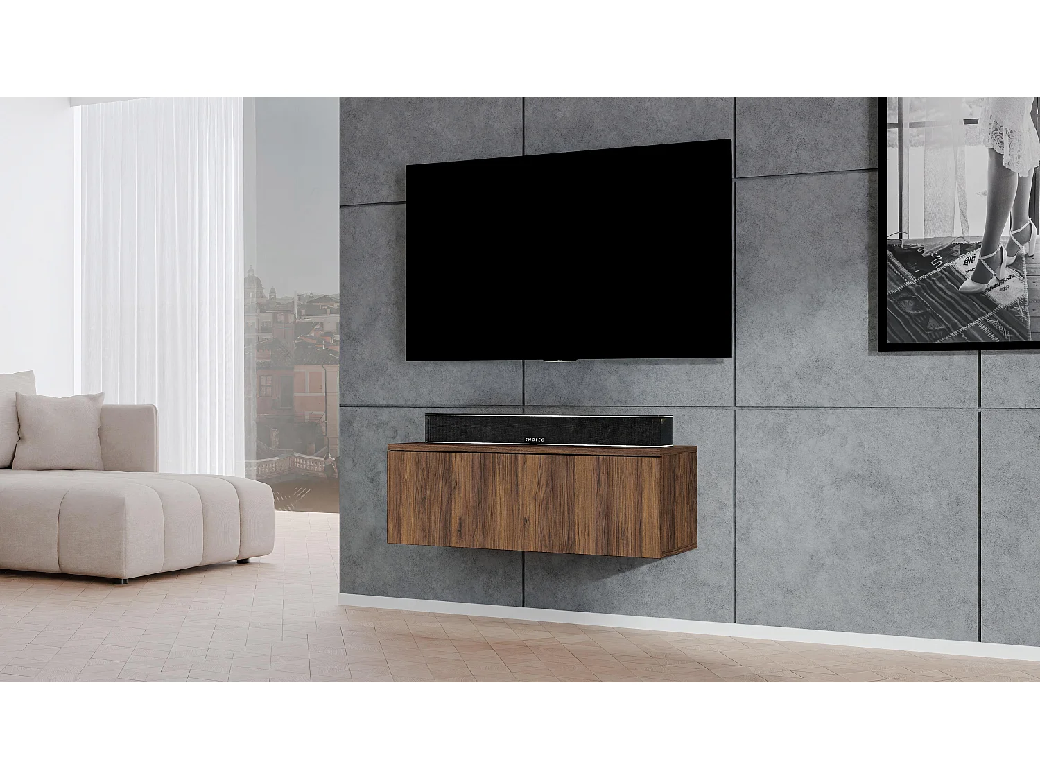 AX LIVING TV Board Loriano 100 cm – Hängendes Lowboard Nussbaum Warmia
