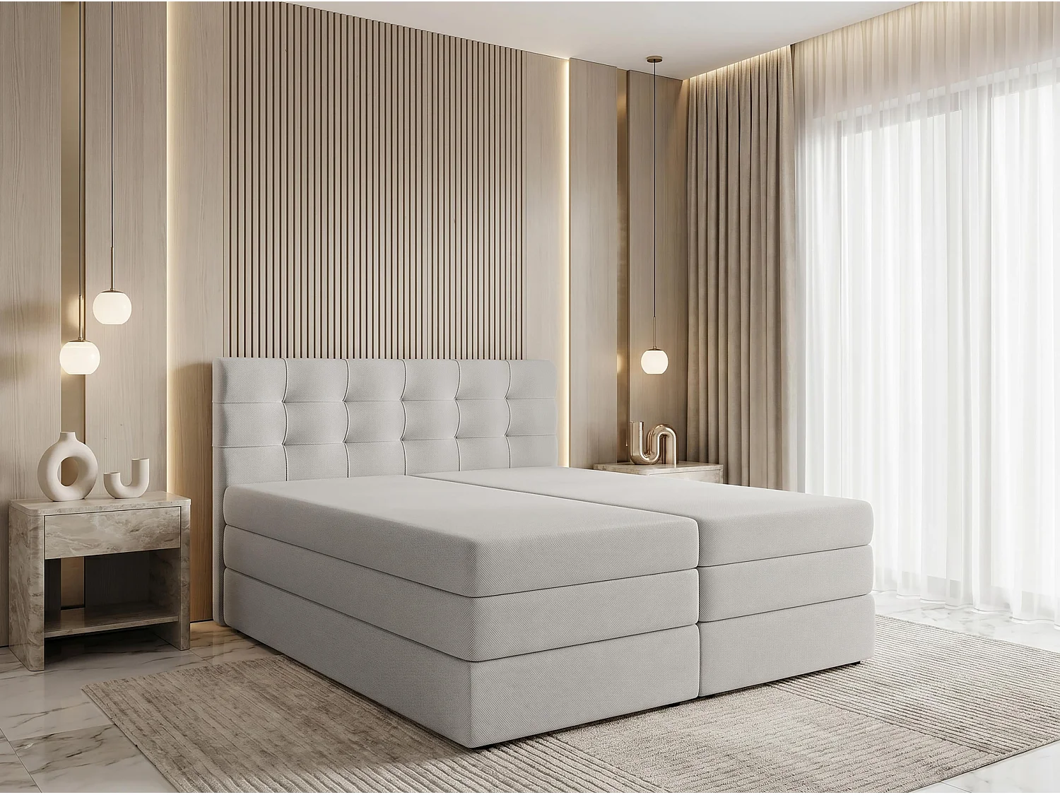 AX LIVING Finike Lit boxspring 140x200 cm, 2 matelas, tissu beige