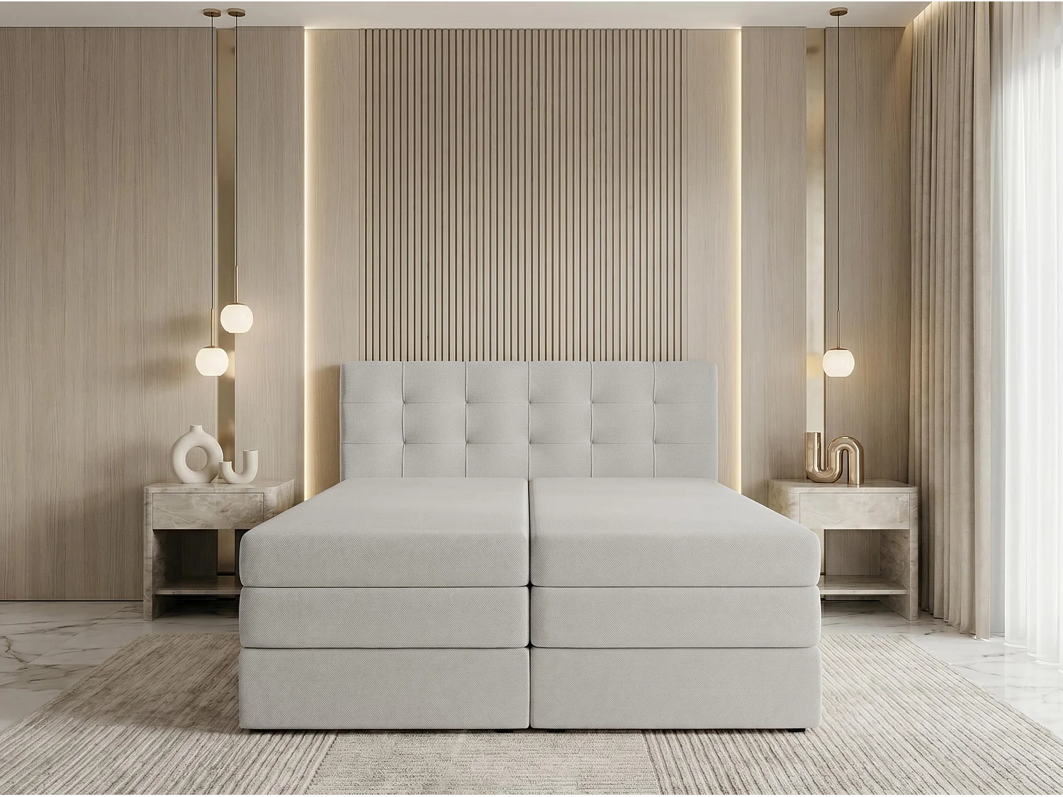 AX LIVING Finike Lit boxspring 140x200 cm, 2 matelas, tissu beige