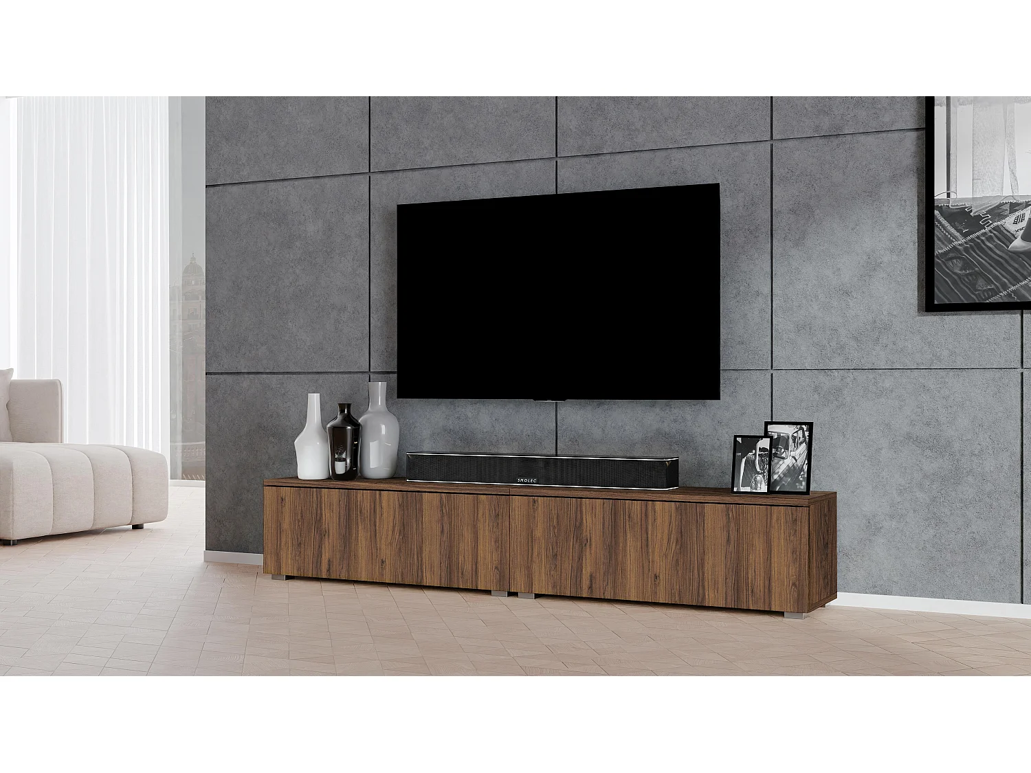 AX LIVING TV Board Loriano 200 cm – Lowboard stehend Nussbaum Warmia