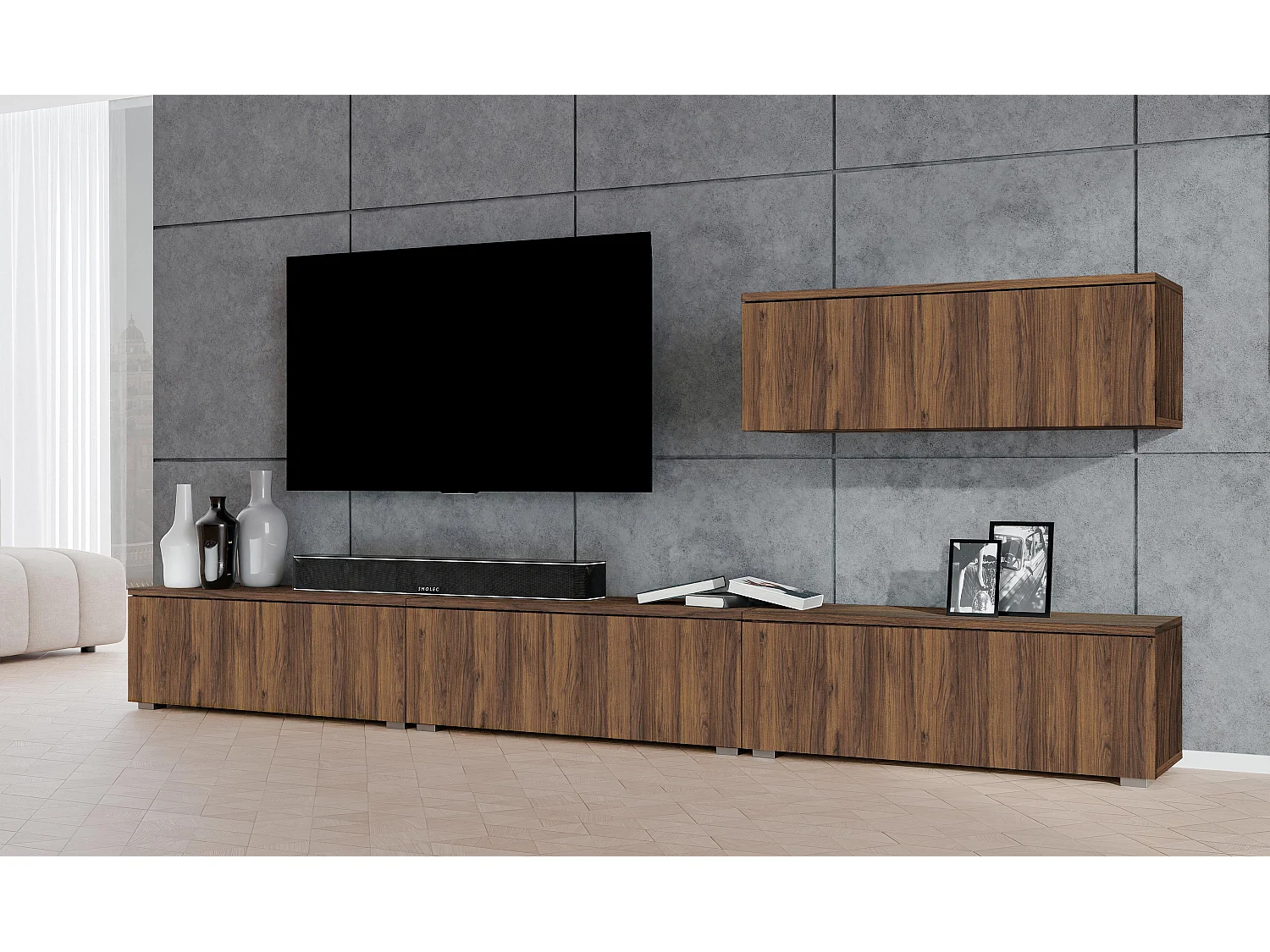 AX LIVING Ensemble TV moderne Loriano 300 cm sur pied noyer Warmia