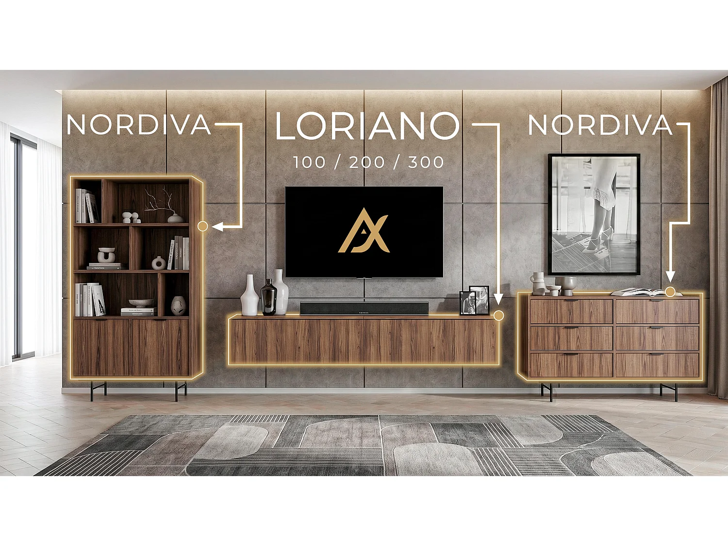 AX LIVING Ensemble TV moderne Loriano 300 cm sur pied noyer Warmia