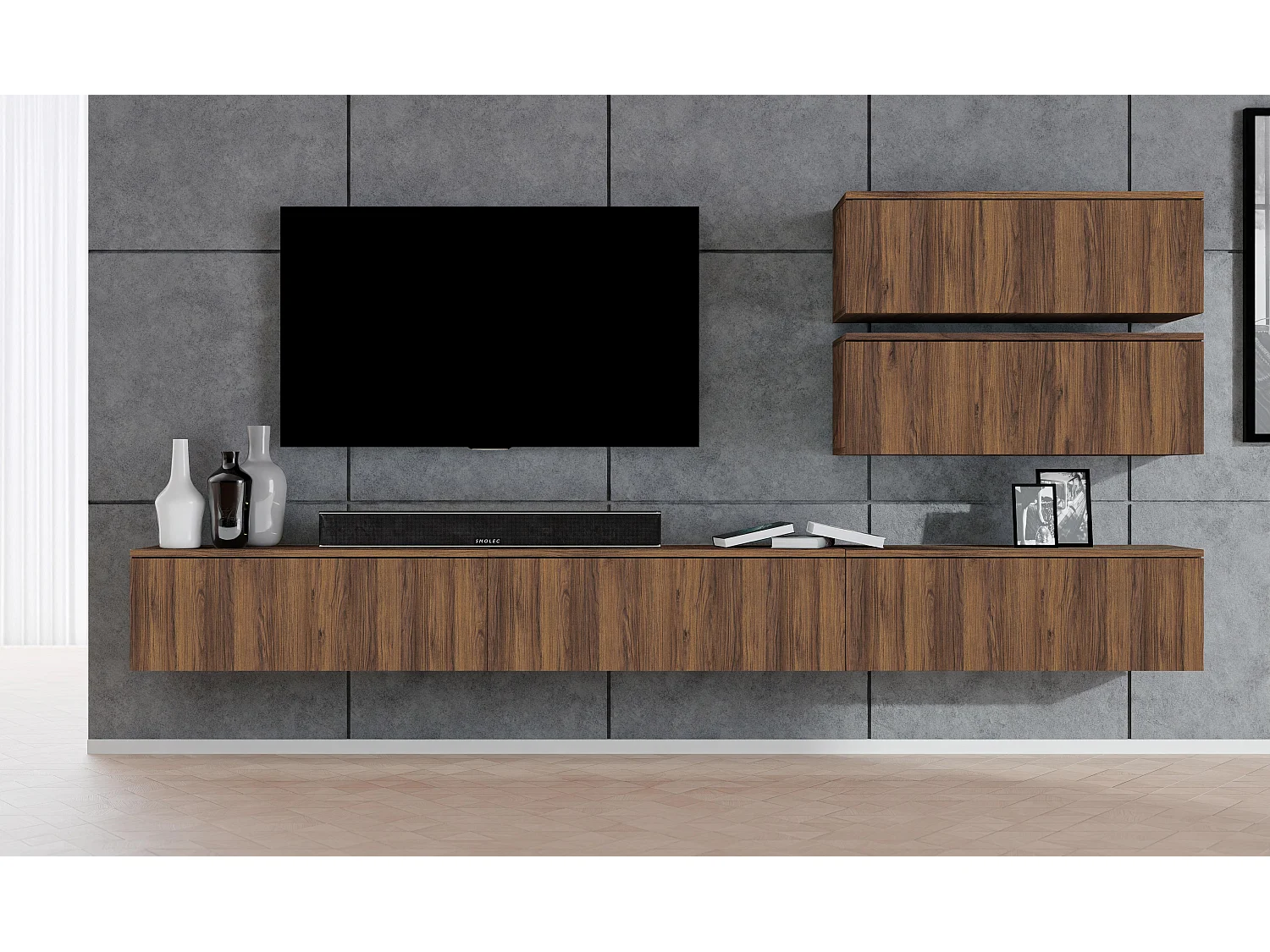 AX LIVING Lowboard TV modern Loriano Wohnwand 300 cm hängend Nussbaum Warmia