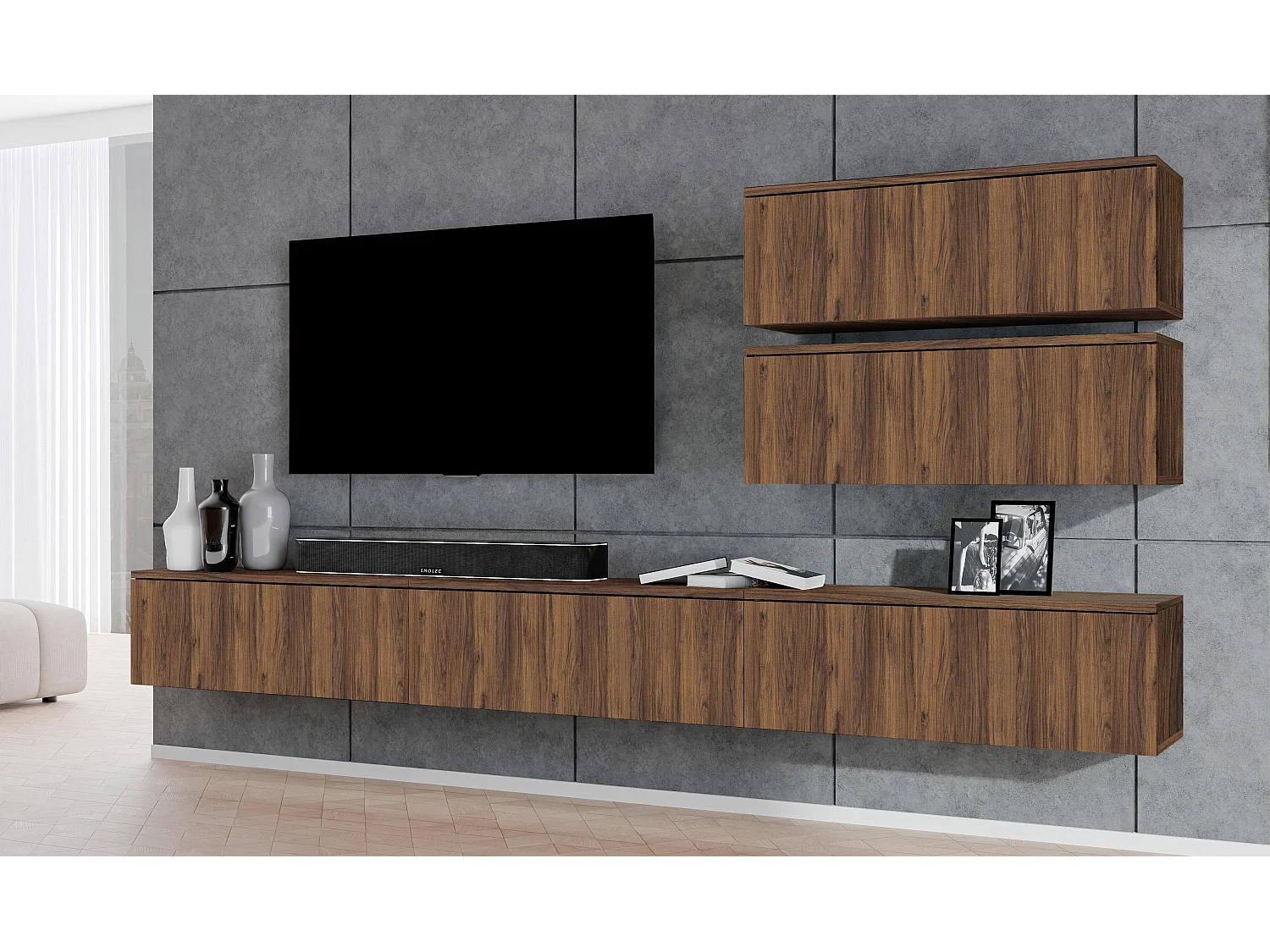AX LIVING Lowboard TV modern Loriano Wohnwand 300 cm hängend Nussbaum Warmia