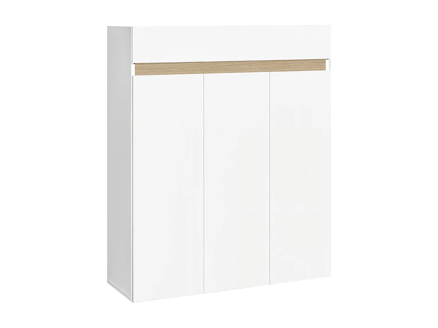 Meuble à chaussures 3 portes et 1 tiroir laqué blanc et décor bandeau aspect bois - EDEN