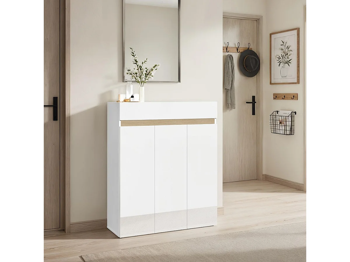 Meuble à chaussures 3 portes et 1 tiroir laqué blanc et décor bandeau aspect bois - EDEN