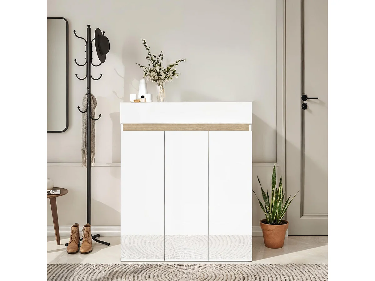 Meuble à chaussures 3 portes et 1 tiroir laqué blanc et décor bandeau aspect bois - EDEN