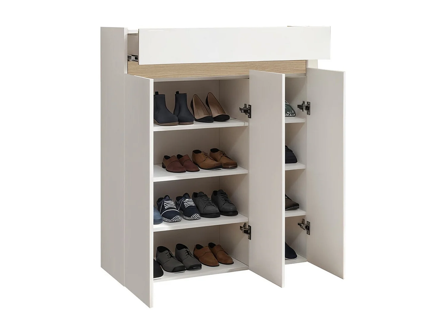 Meuble à chaussures 3 portes et 1 tiroir laqué blanc et décor bandeau aspect bois - EDEN