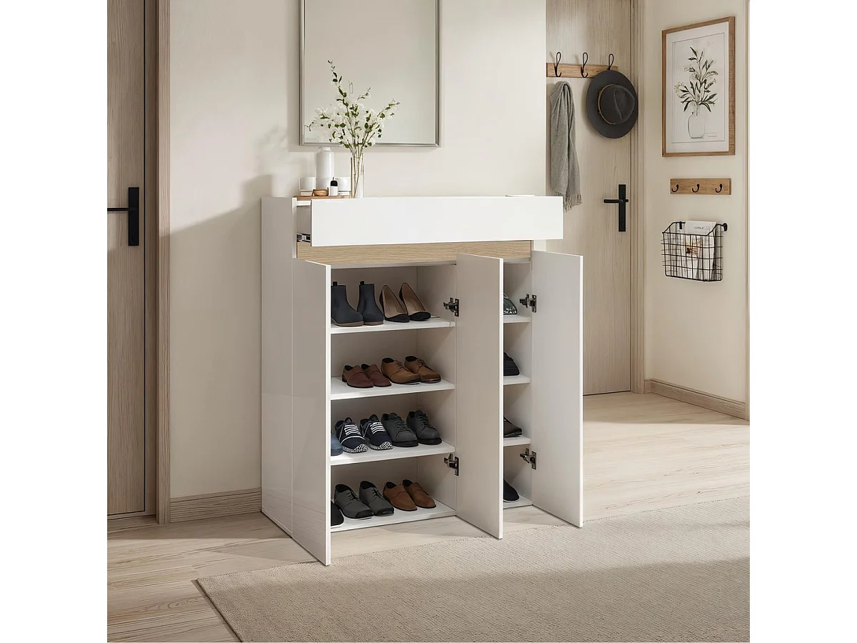 Meuble à chaussures 3 portes et 1 tiroir laqué blanc et décor bandeau aspect bois - EDEN