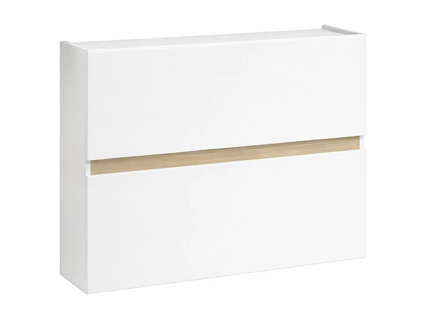 Meuble à chaussures 2 portes abattantes laqué blanc et décor bandeau aspect bois - EDEN