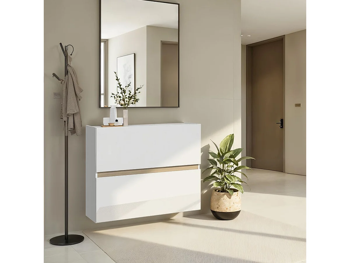 Meuble à chaussures 2 portes abattantes laqué blanc et décor bandeau aspect bois - EDEN