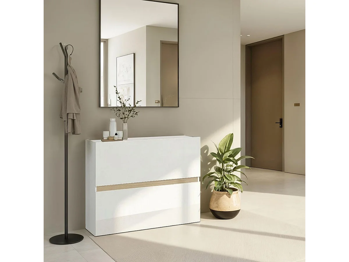Meuble à chaussures 2 portes abattantes laqué blanc et décor bandeau aspect bois - EDEN